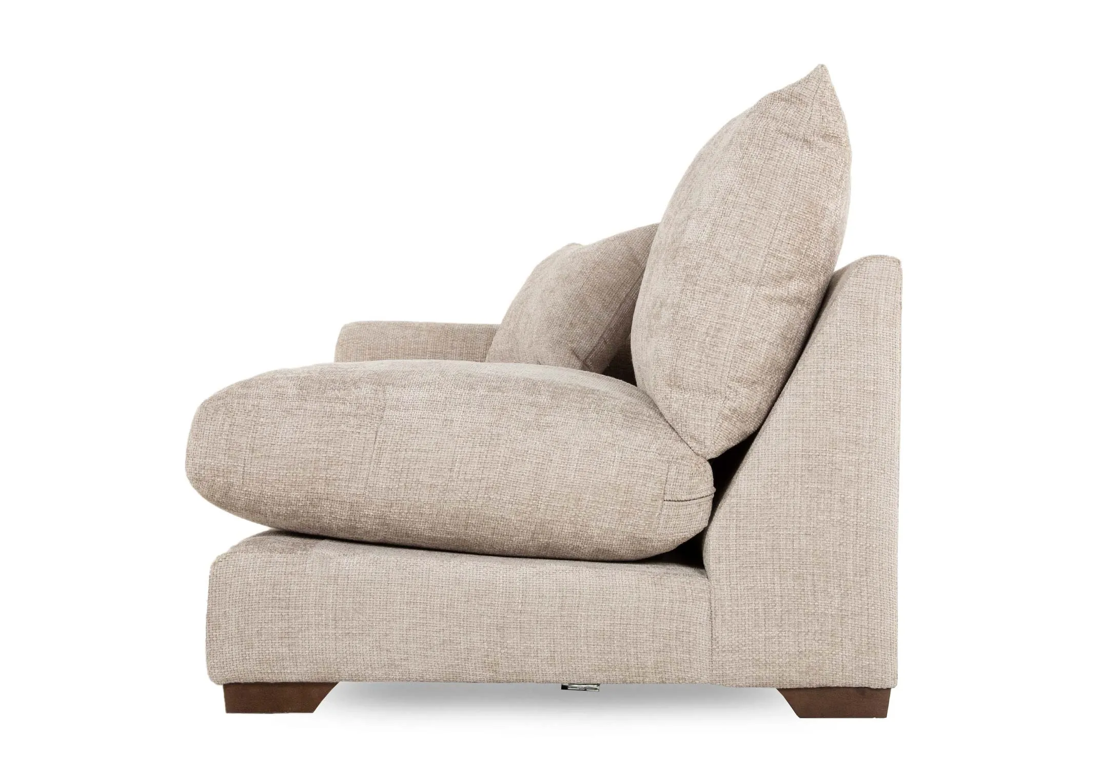 A beige Fabric 1 Arm 2 seater LHF corner sofa unit from EZ Livings Aurora range. Side view