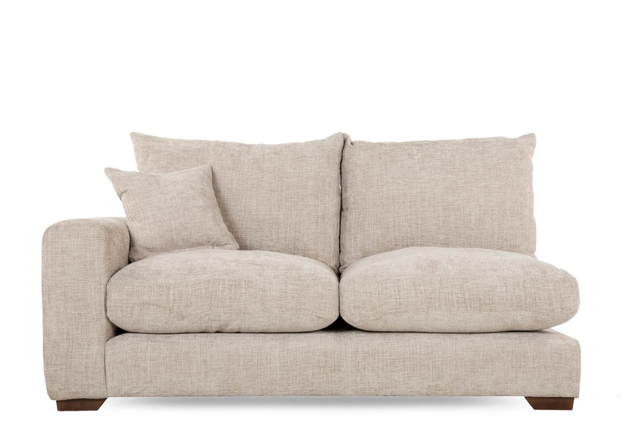 A beige Fabric 1 Arm 2 seater LHF corner sofa unit from EZ Livings Aurora range. Side view