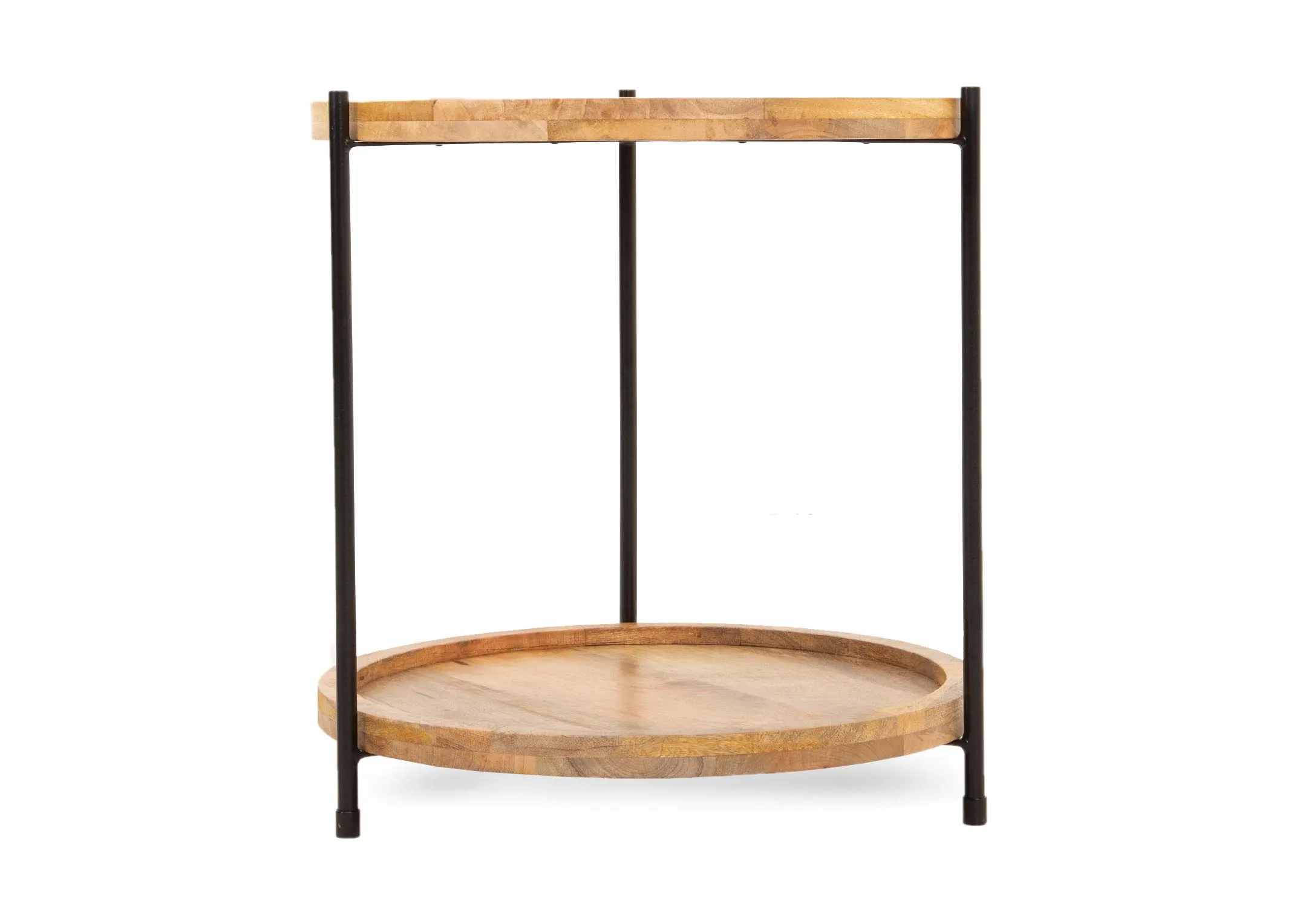 A natural round wood small coffee table with 2 shelves from EZ Livings Mango range.Front view of metal frame