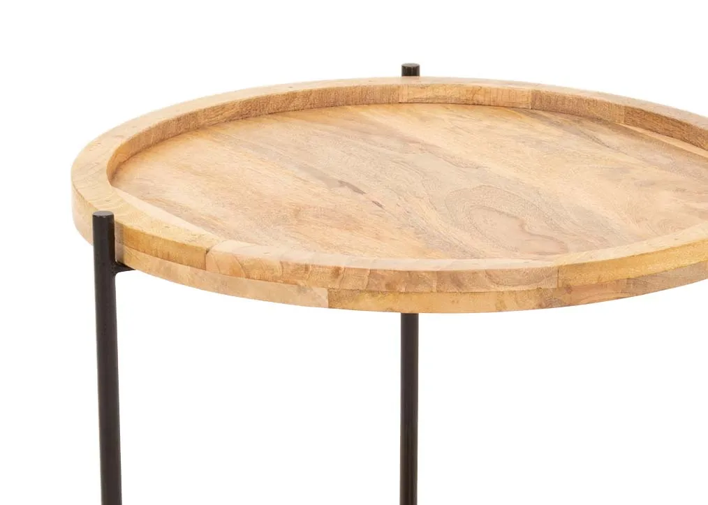 A natural round wood small coffee table  with 2 shelves from EZ Livings Mango range. Closeup of wood finish