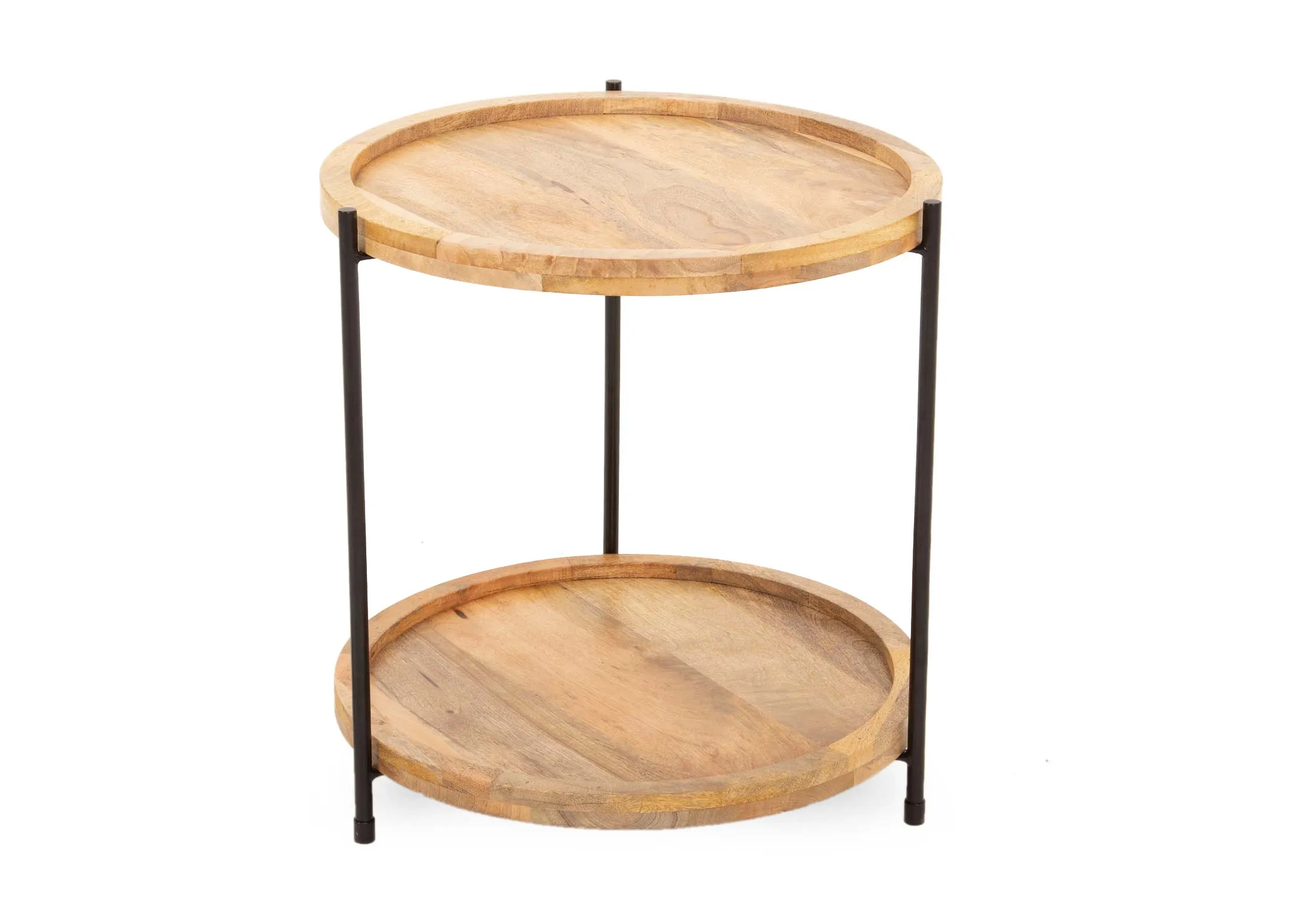A natural round wood small coffee table with 2 shelves from EZ Livings Mango range.