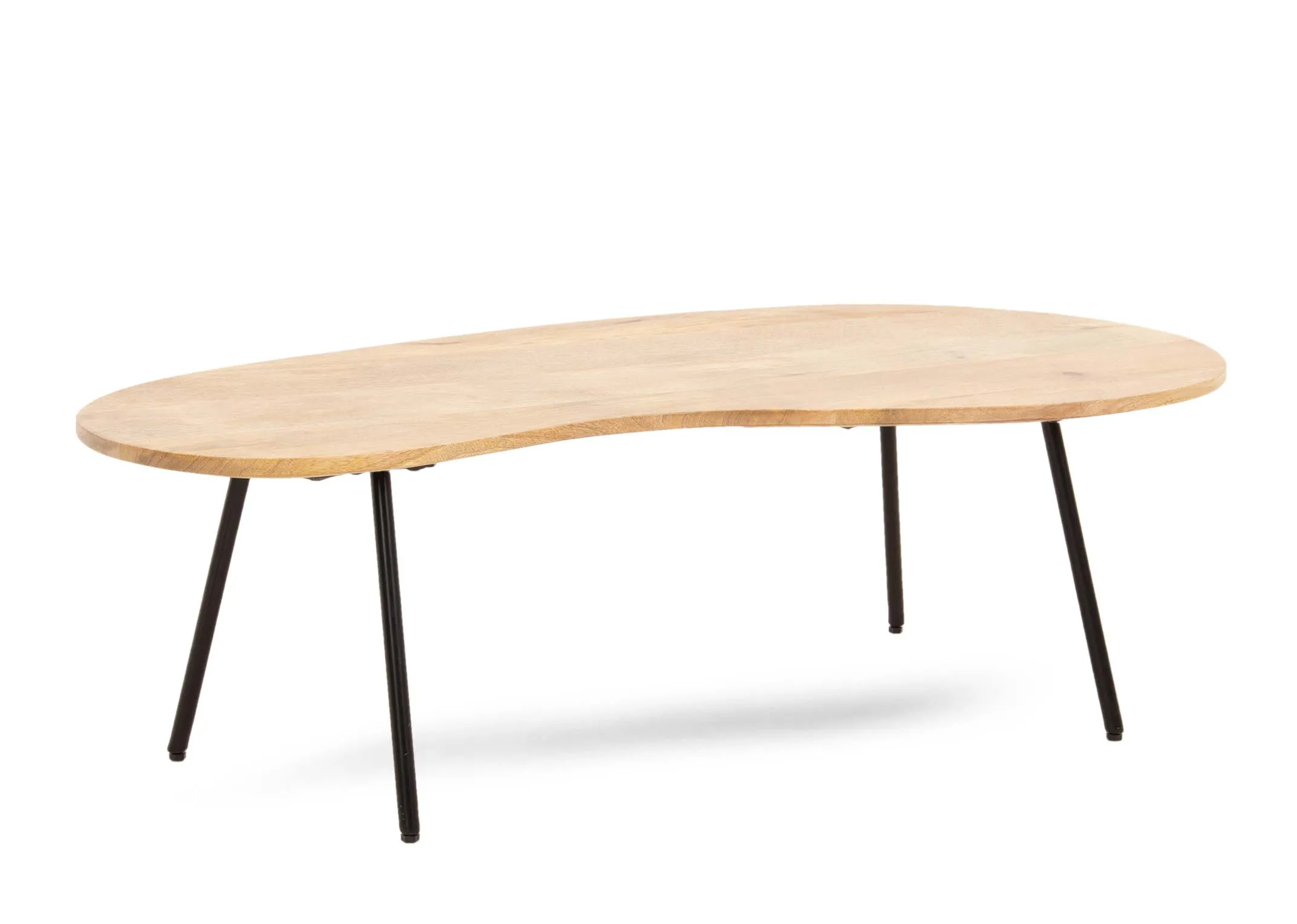 A mango wood oblong coffe table with metal legs from EZ Livings Mango range. Angled view of thin table tope