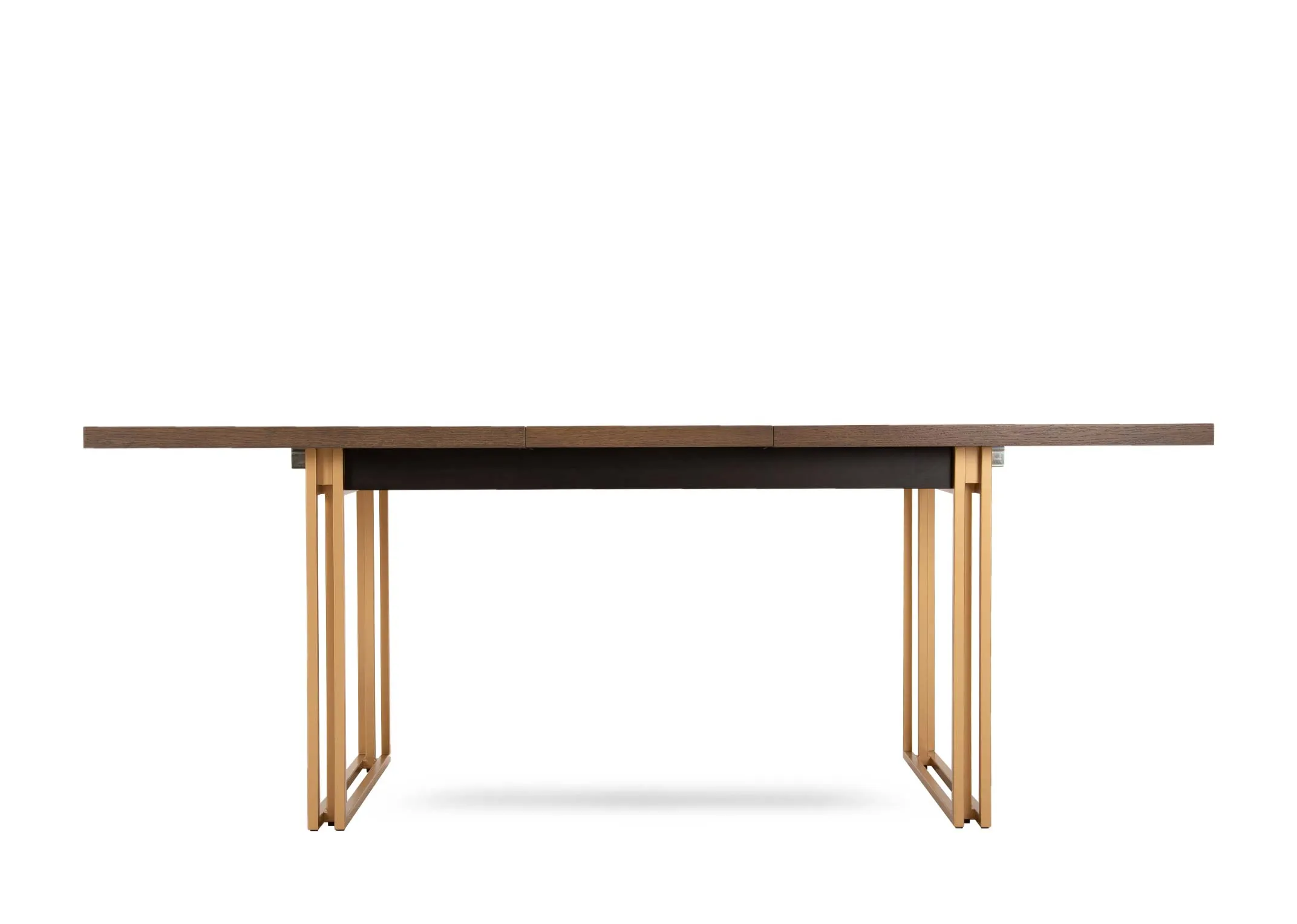 A gold metal framed dining table with dark wood top from EZ Livings Greenwich range. Closeup of fully extended table