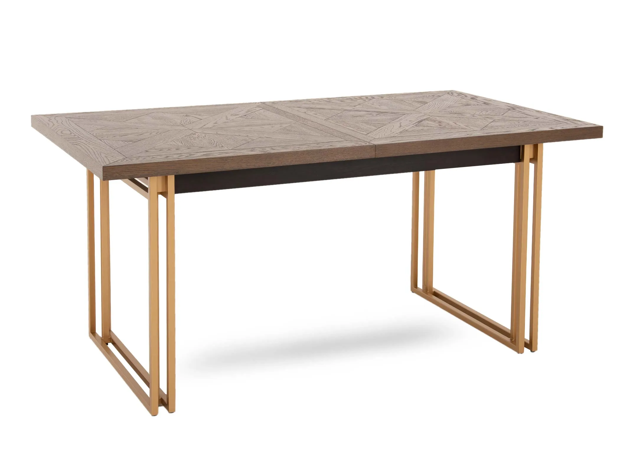 A gold metal framed dining table with dark wood top from EZ Livings Greenwich range. Angled view of tabel in fixed mode