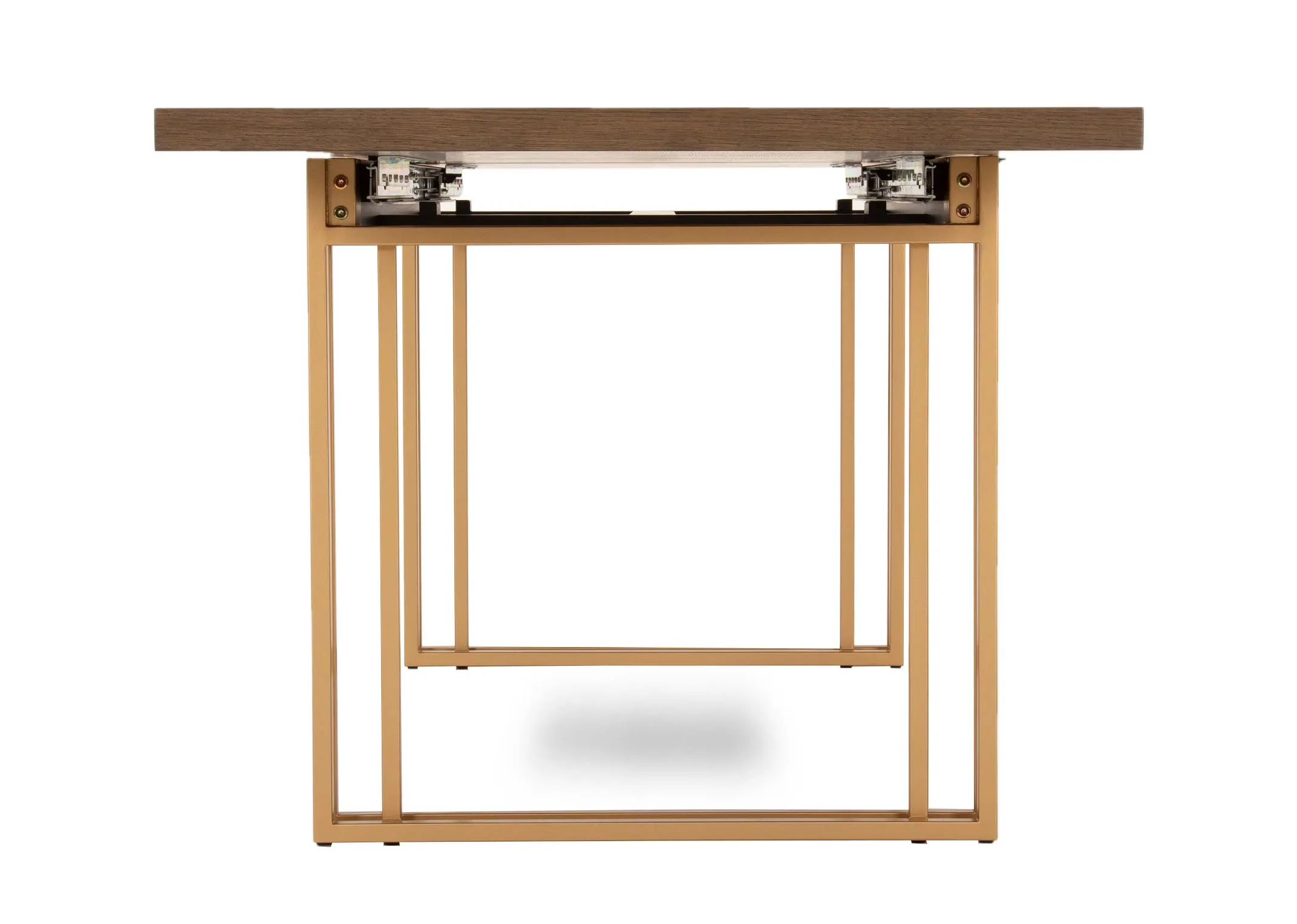 A gold metal framed dining table with dark wood top from EZ Livings Greenwich range. Side veiw of extendable featured concealed beneath table