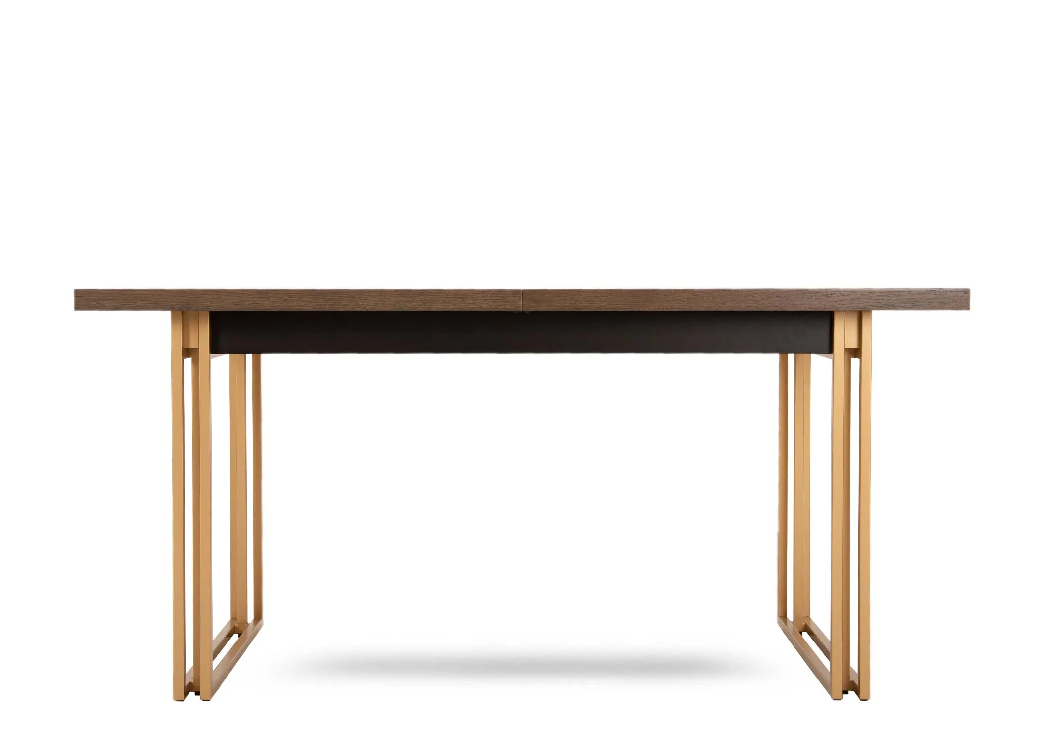A gold metal framed dining table with dark wood top from EZ Livings Greenwich range. Front view of table unextended