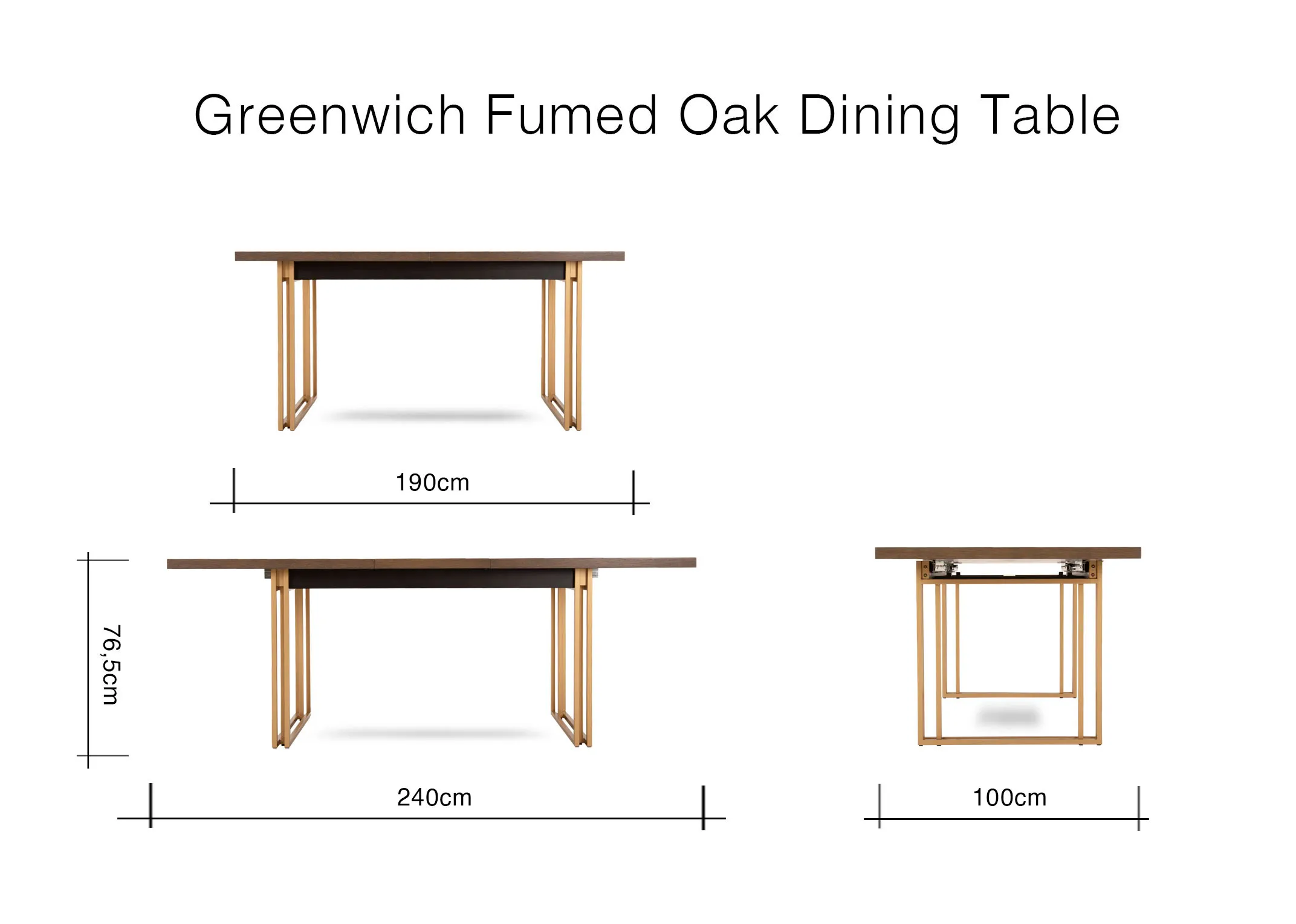 A dimension image of the Greenwich table with 190cm -240cm x 100cm x 76.5cm