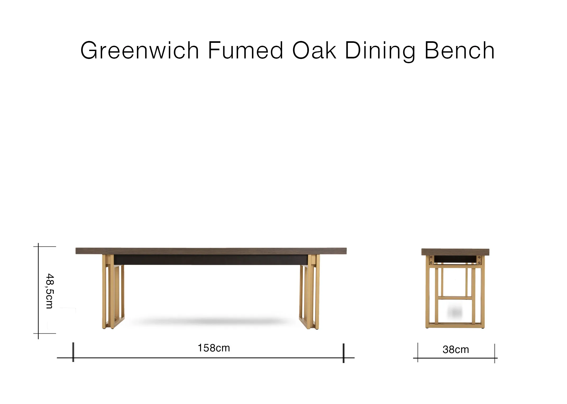 A dimension image of Greenwich Fumed Oak Dining Bench with 150cm x 38cm x 48.5cm