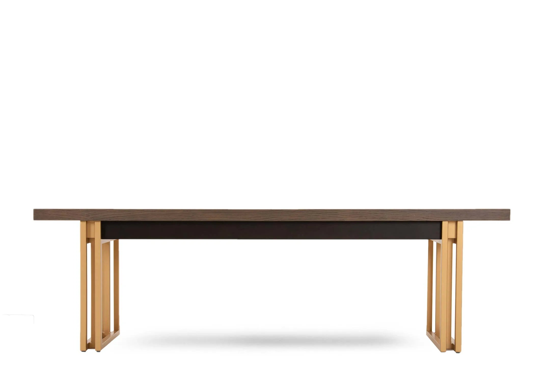 A dark oak table top with gold metal base from EZ Livings Greenwich range.