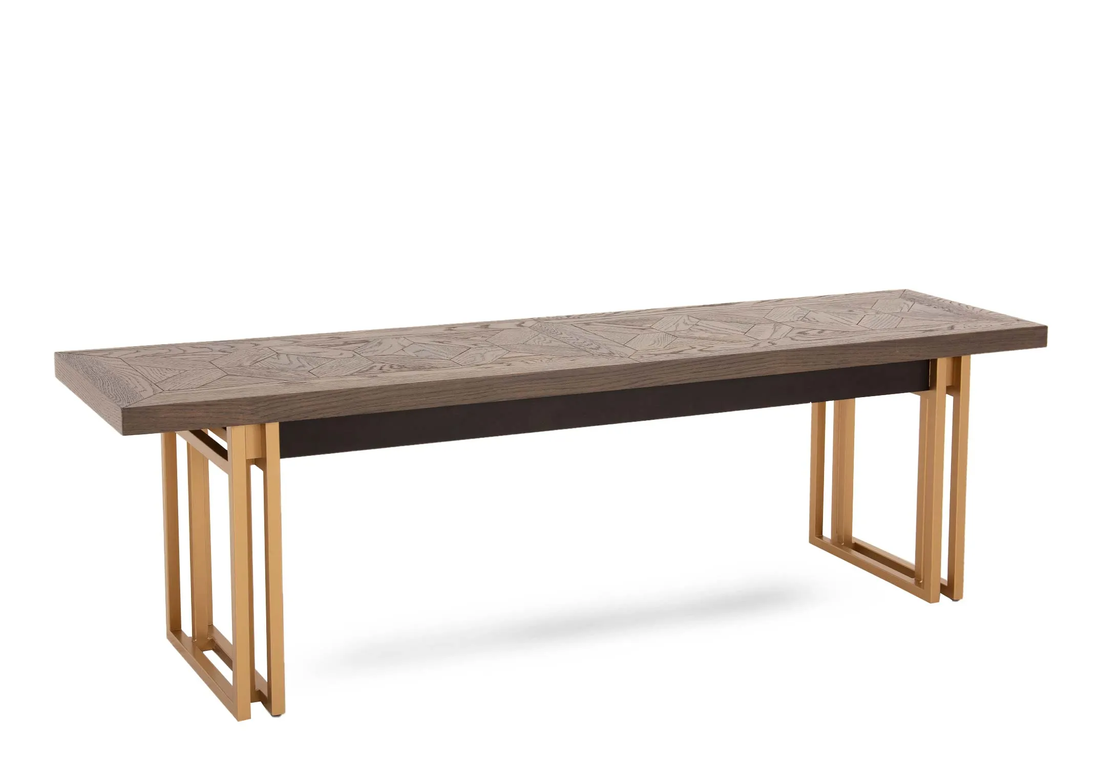 A dark oak table top with gold metal base from EZ Livings Greenwich range. Angled view.