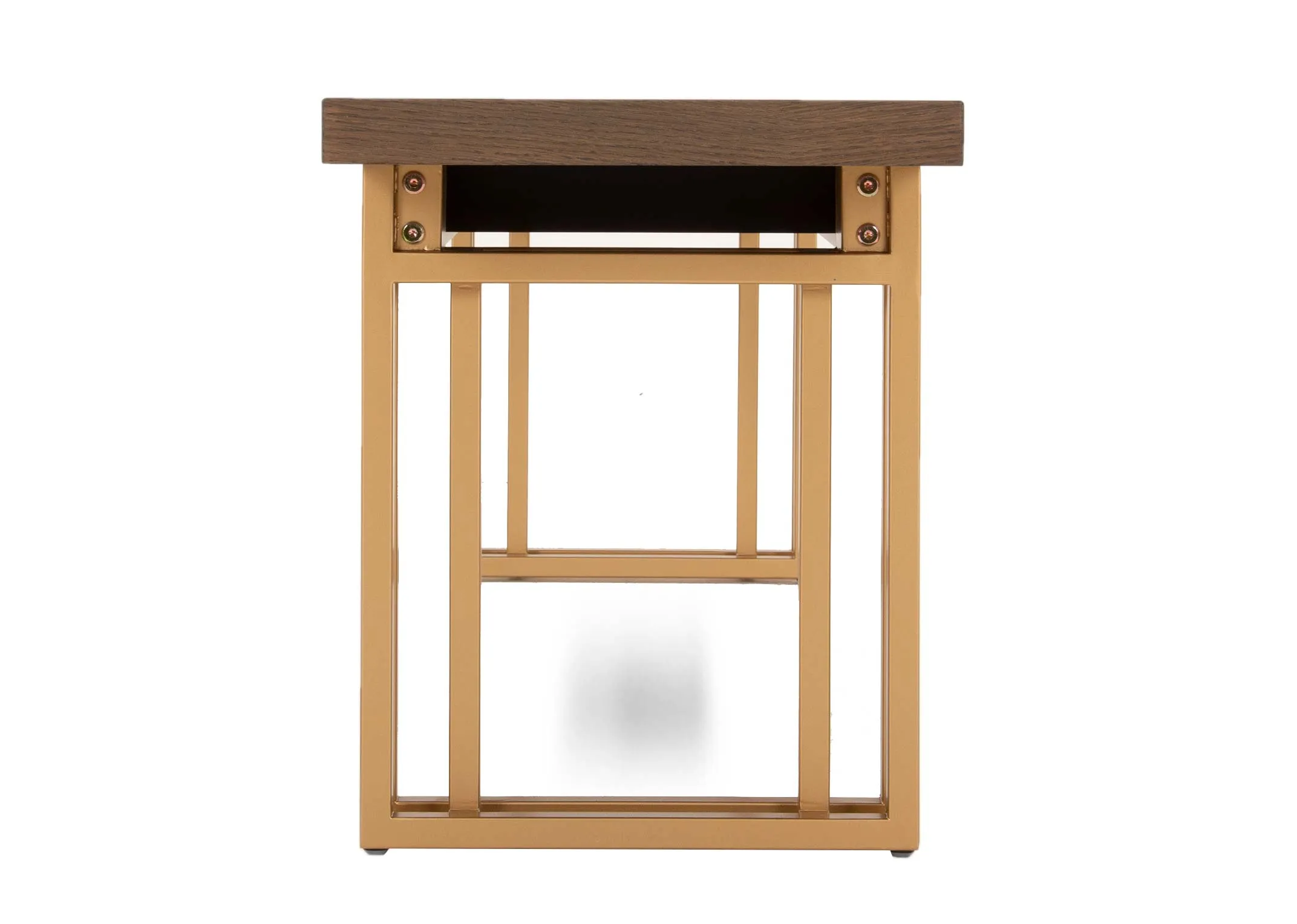 A dark oak table top with gold metal base from EZ Livings Greenwich range. Side view of book