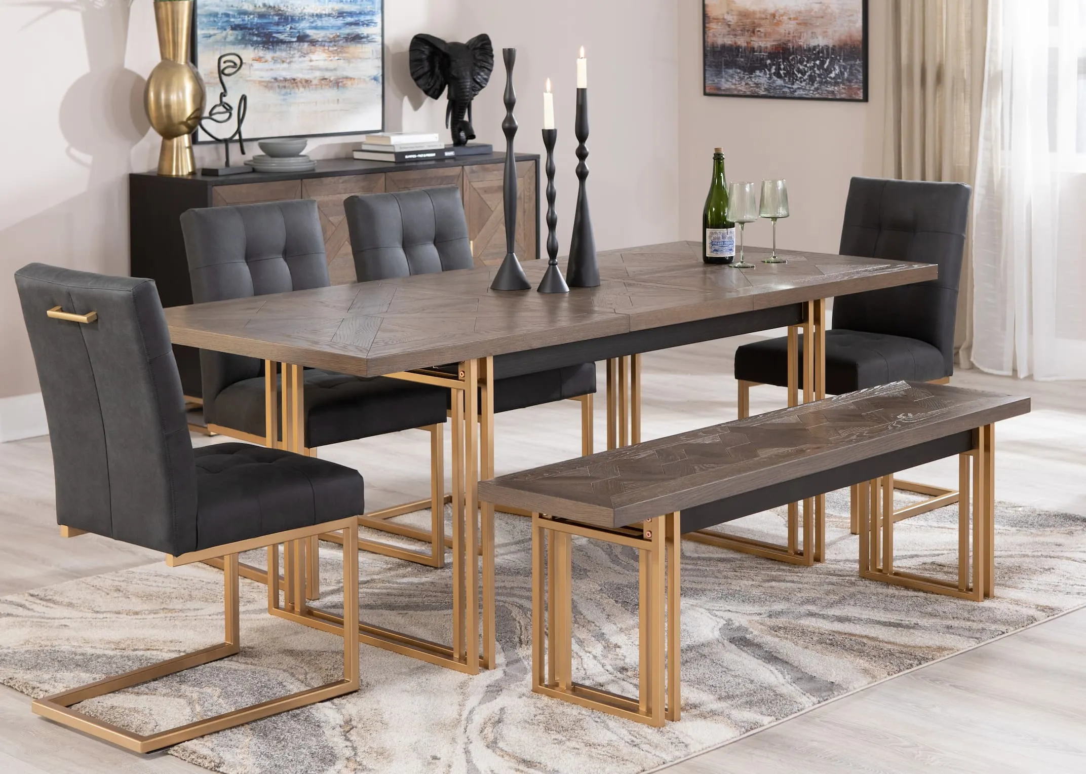 A lifestyle image of the Greenwich Dining bench with table & dining chair and sideboard.