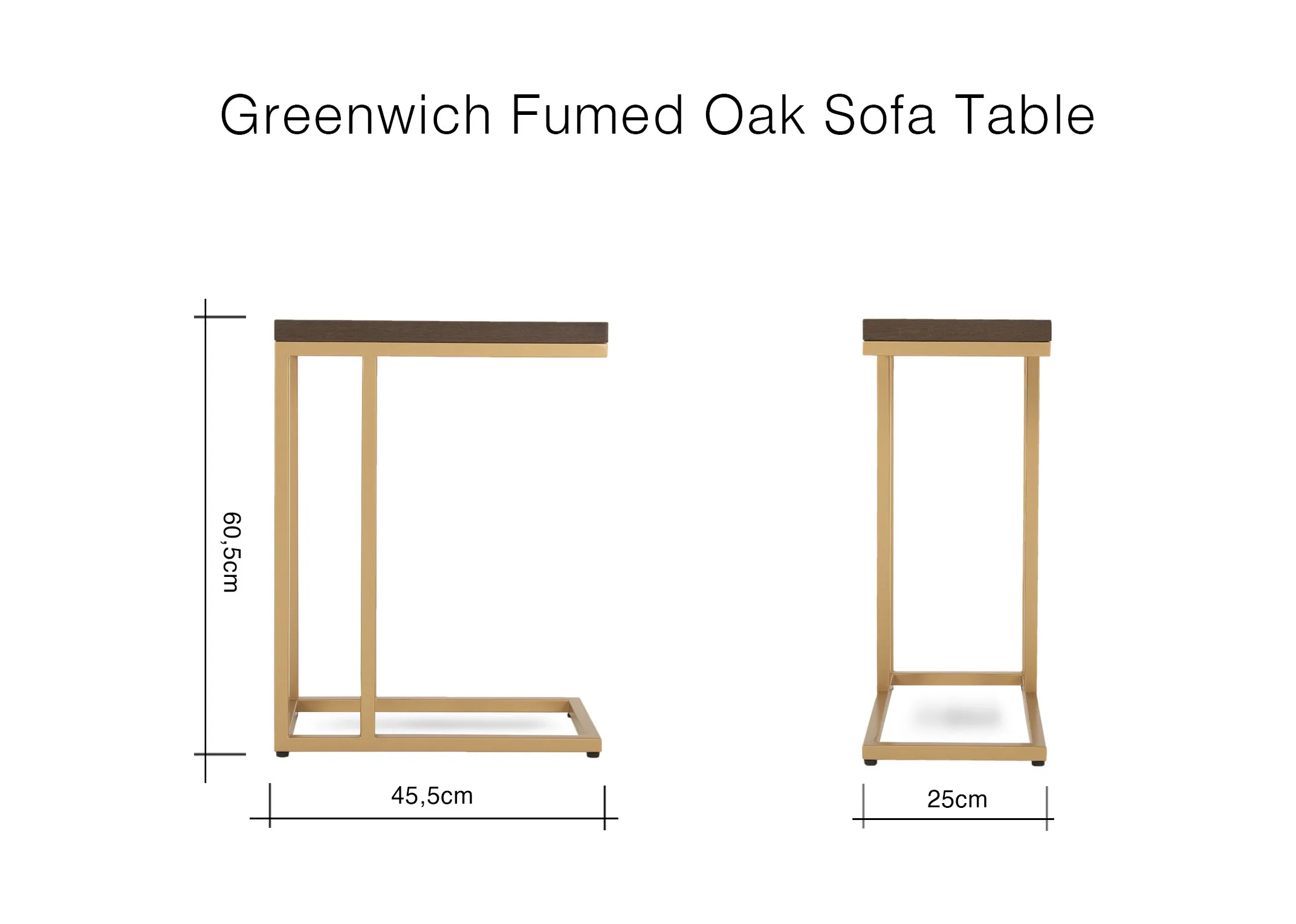 A dimension image of the Greenwich Sofa table with 45.5cm x 25cm x 60.5cm