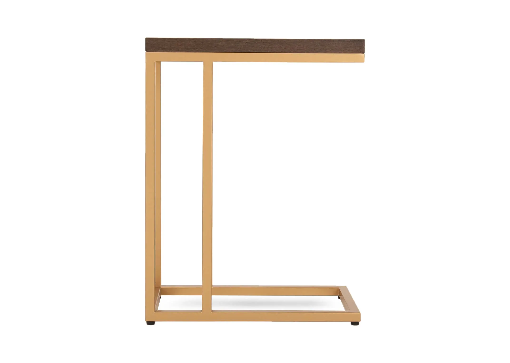 A gold metal framed sofa table with dark wood top from EZ Livings Greenwich range. Side veiw shows thick wood top