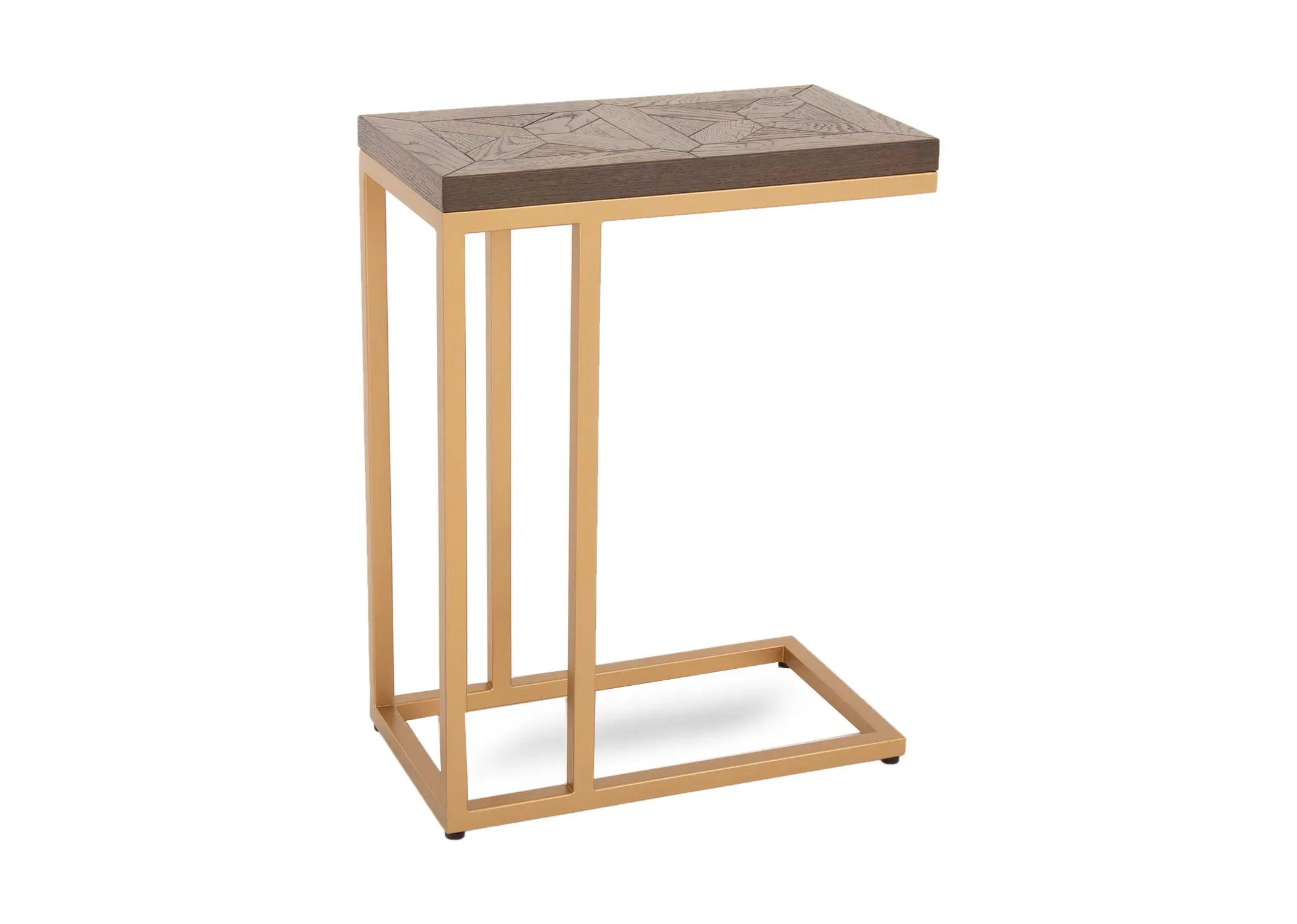 A gold metal framed sofa table with dark wood top from EZ Livings Greenwich range. Angled view of solid gold frame that slides onto sofa