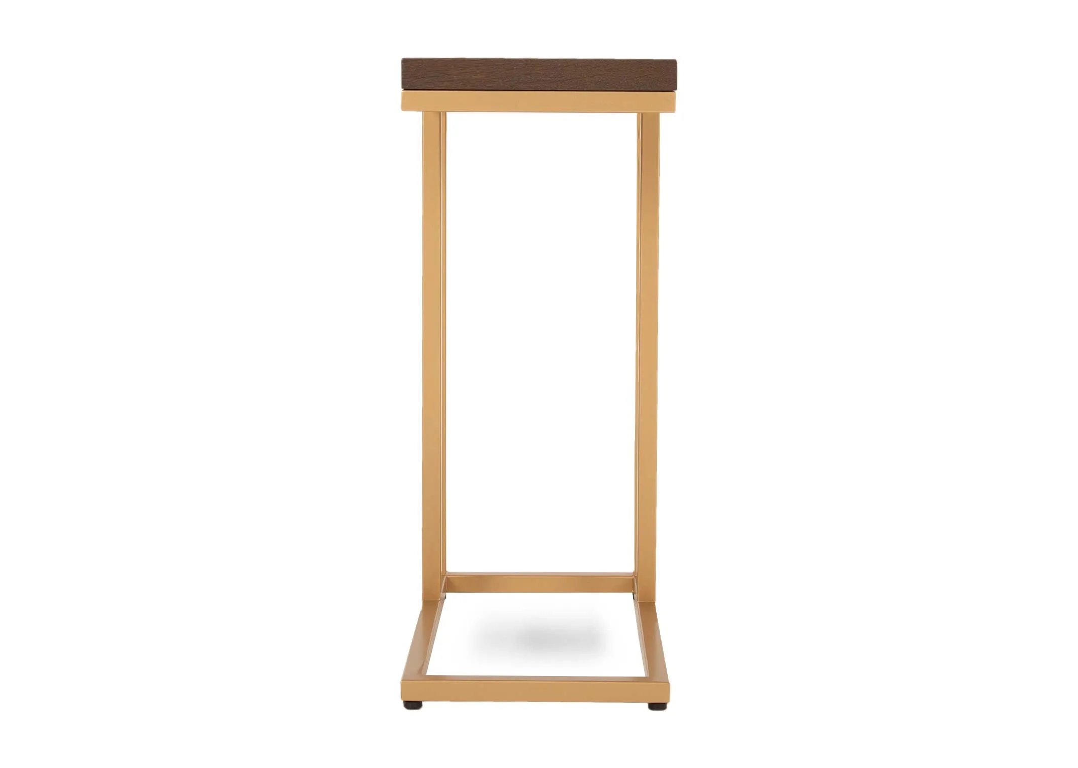 A gold metal framed sofa table with dark wood top from EZ Livings Greenwich range. Front view of metal L shaped frame