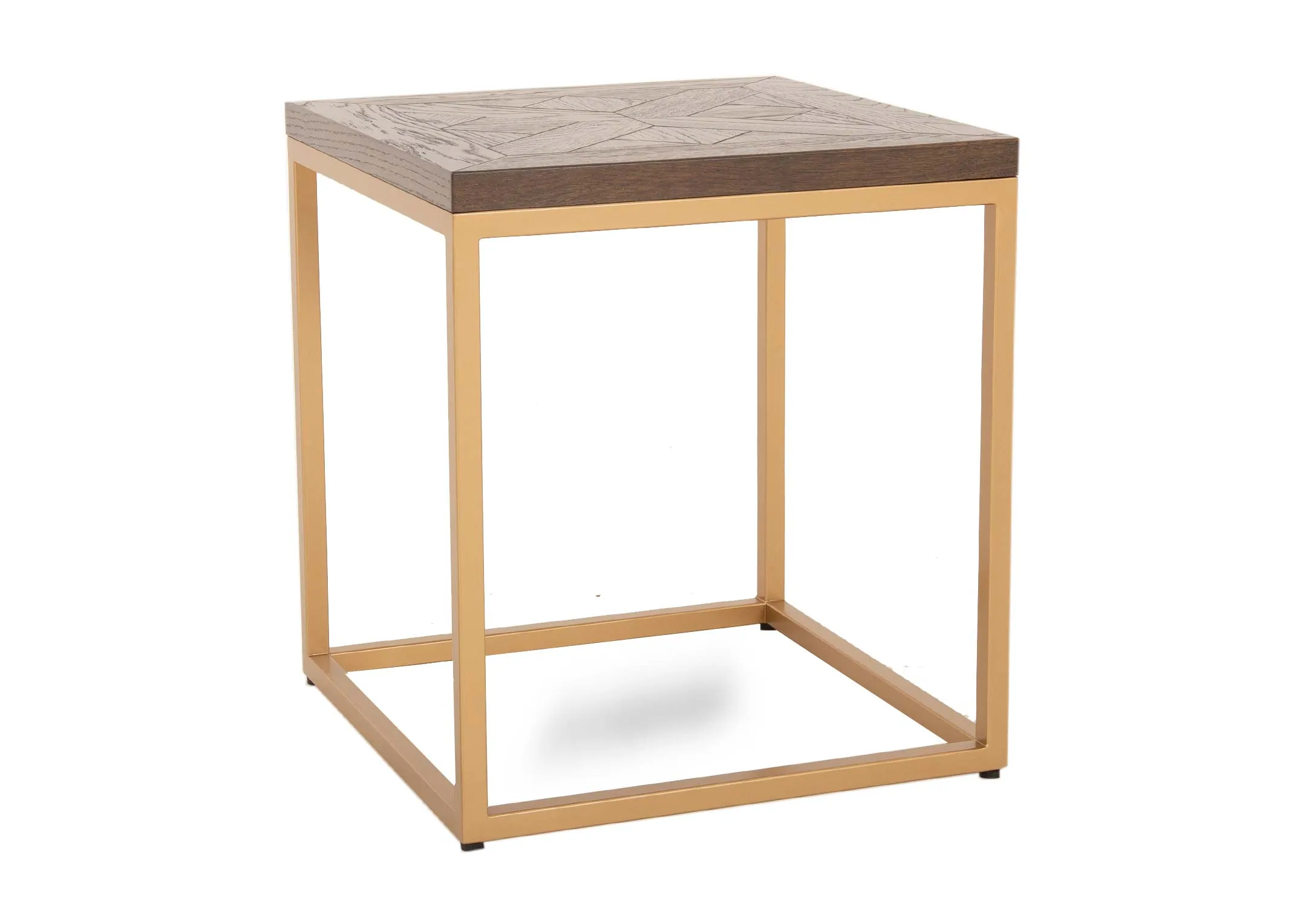 A gold metal framed lamp table with dark wood top from EZ Livings Greenwich range. Angled view of gold frame base.