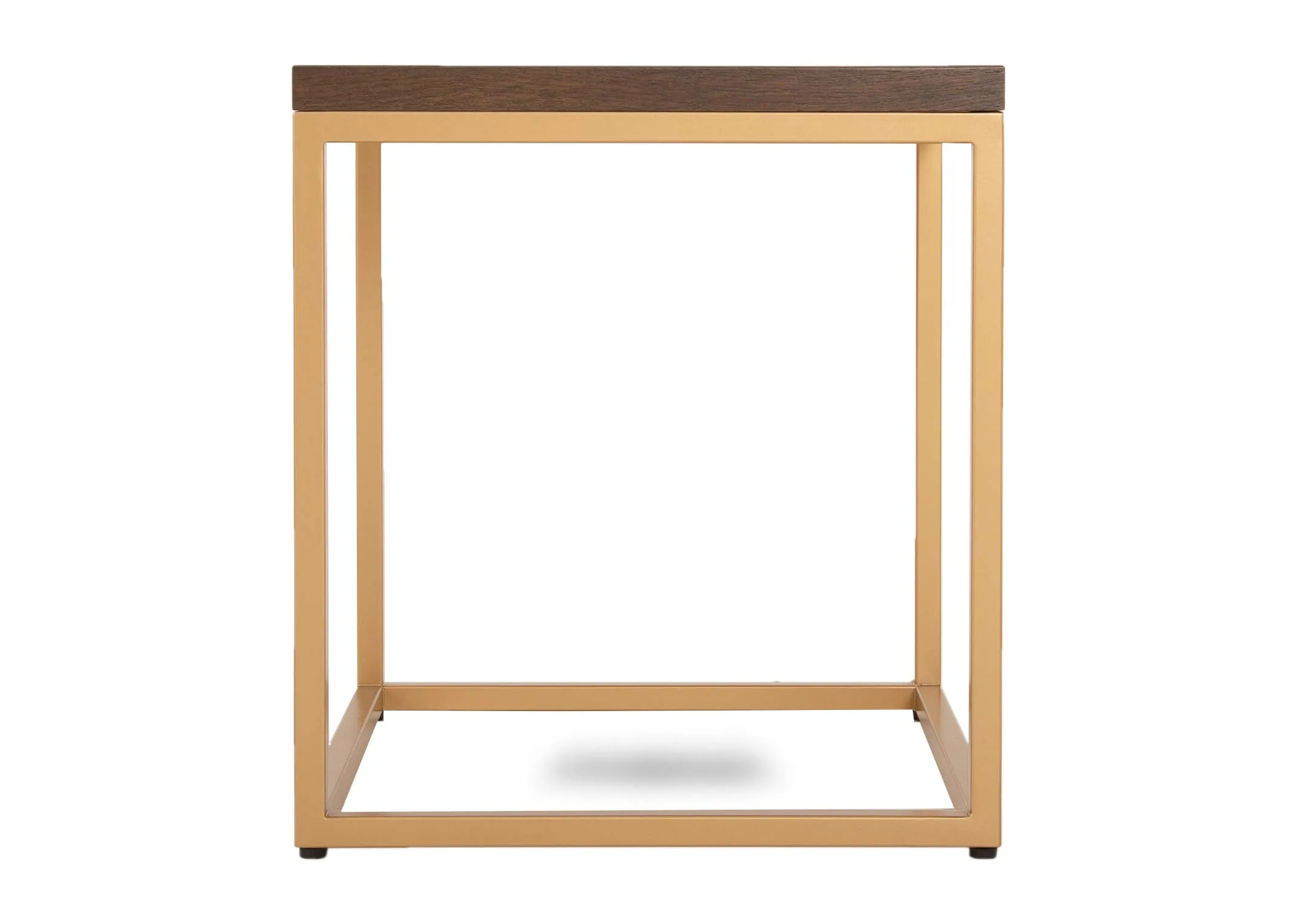 A gold metal framed lamp table with dark wood top from EZ Livings Greenwich range. Front view