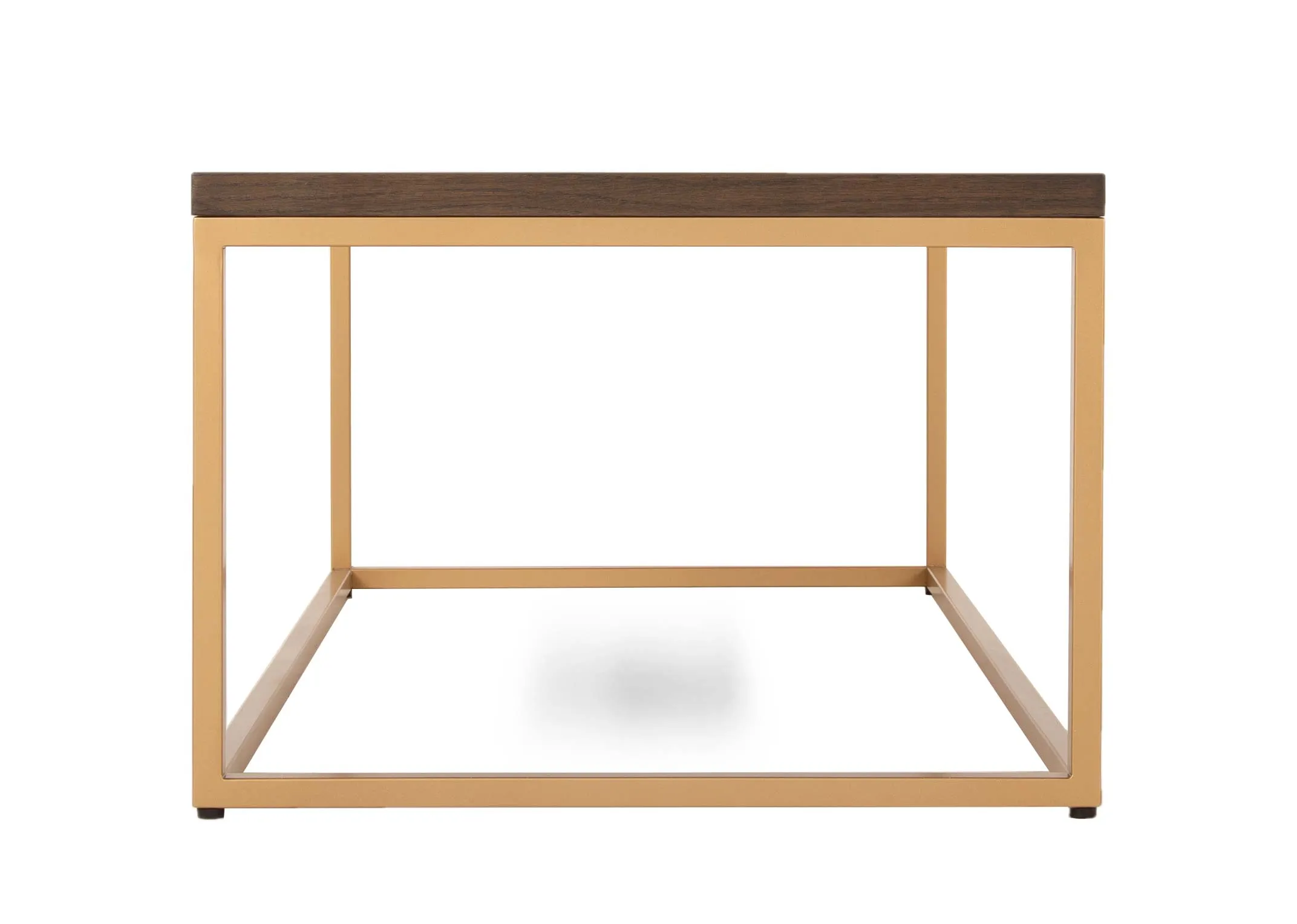 A gold metal framed coffee table with dark wood top from EZ Livings Greenwich range. Side view of rectangular metal frame