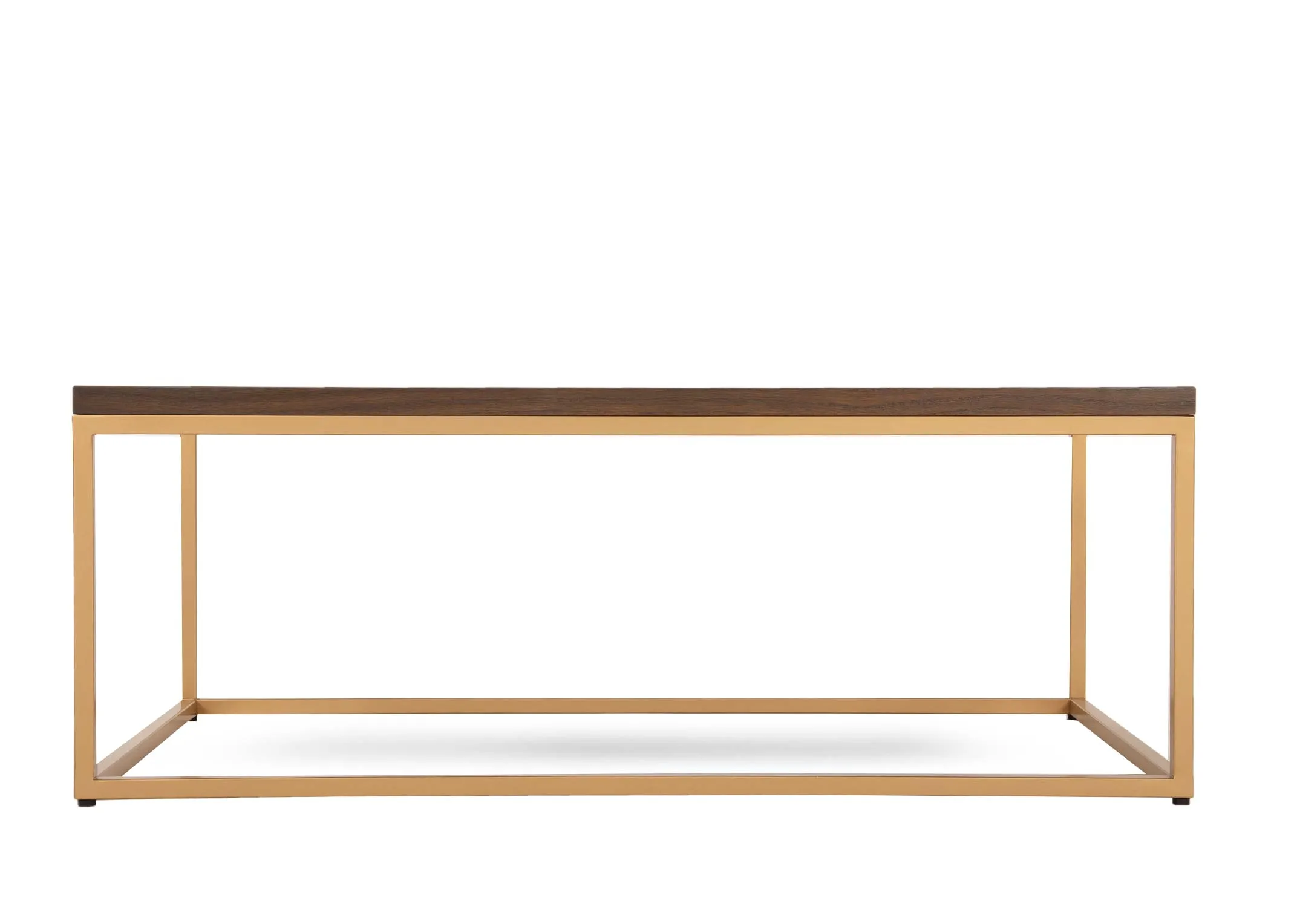 A gold metal framed coffee table with dark wood top from EZ Livings Greenwich range. Front view of thick dark wood top.