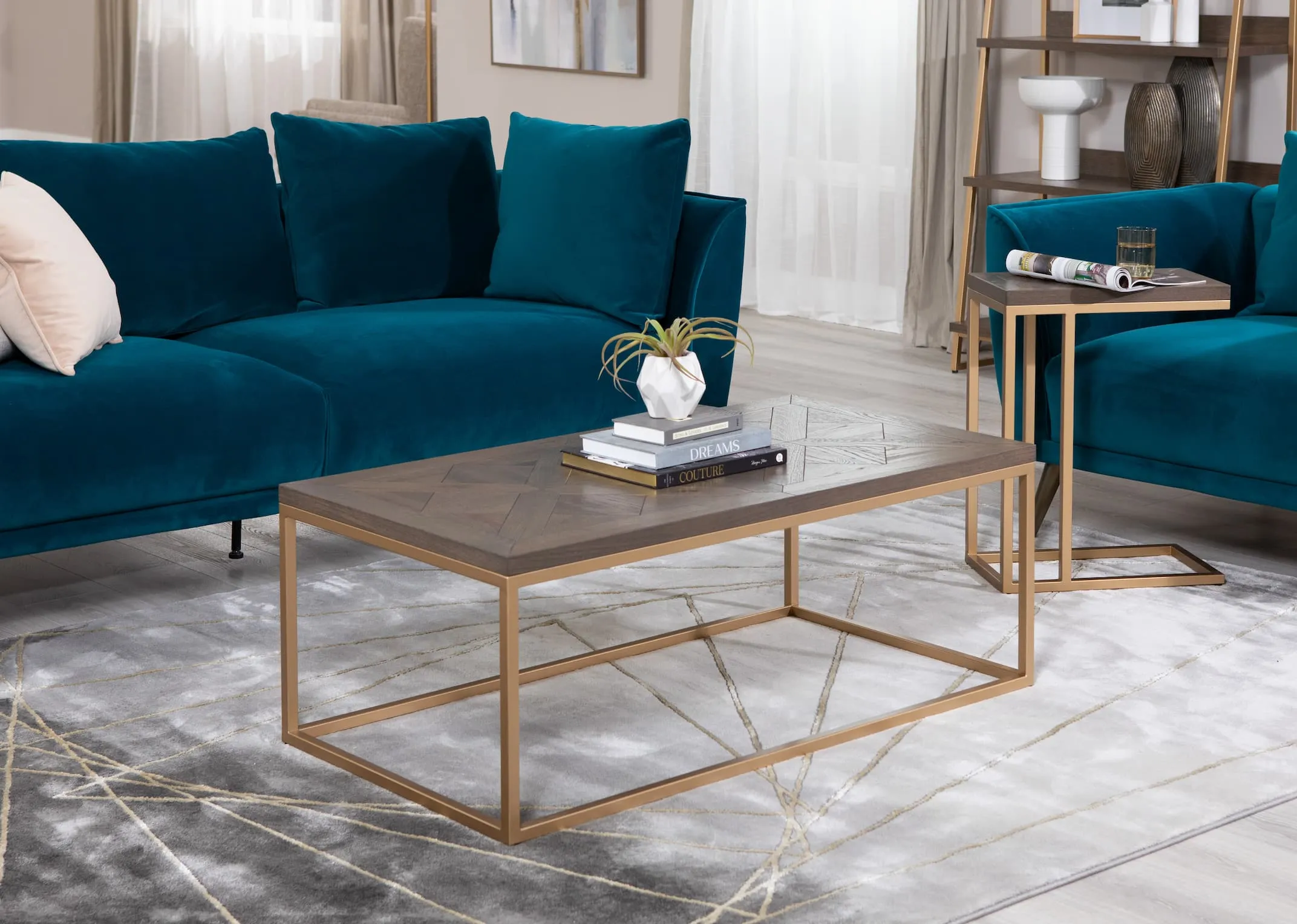 A lifestyle image of the Katie teal sofa range with Greenwich coffee table and sofa table.