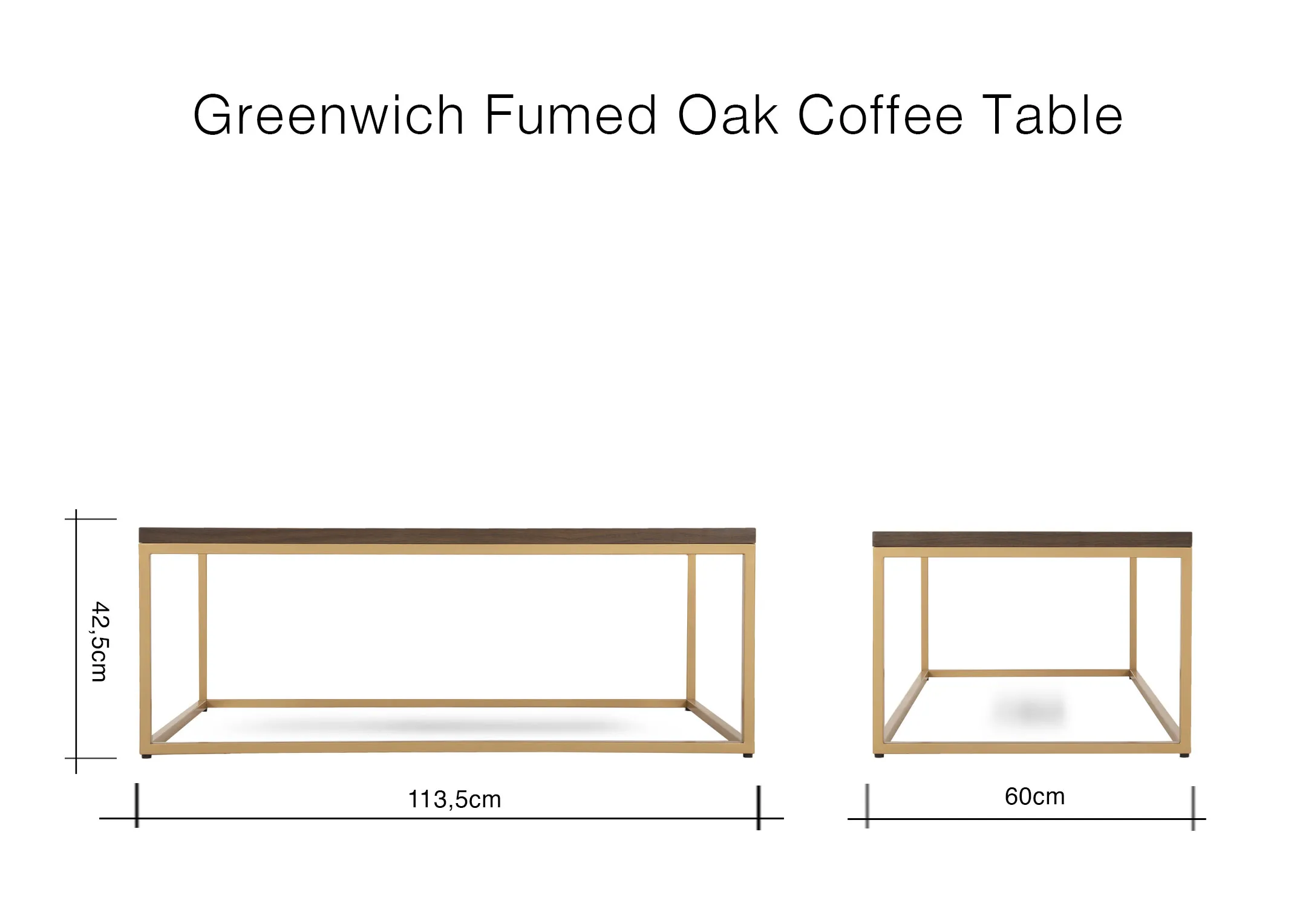 A dimension image of the Greenwich Coffee table with 113.5cm x 60cm x 42.5cm
