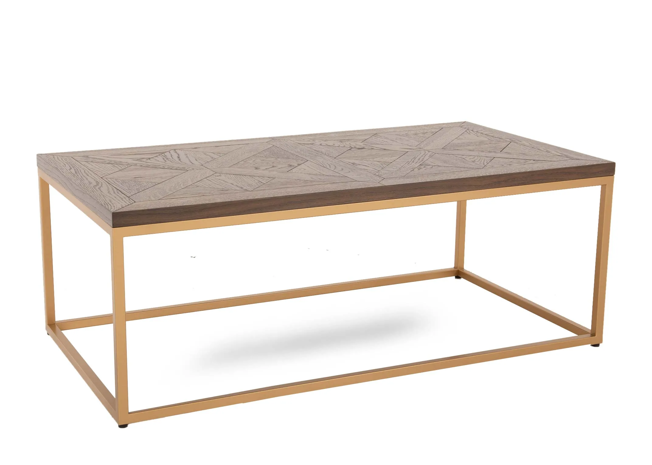 A gold metal framed coffee table with dark wood top from EZ Livings Greenwich range. Angled view of metal rectangular support frame
