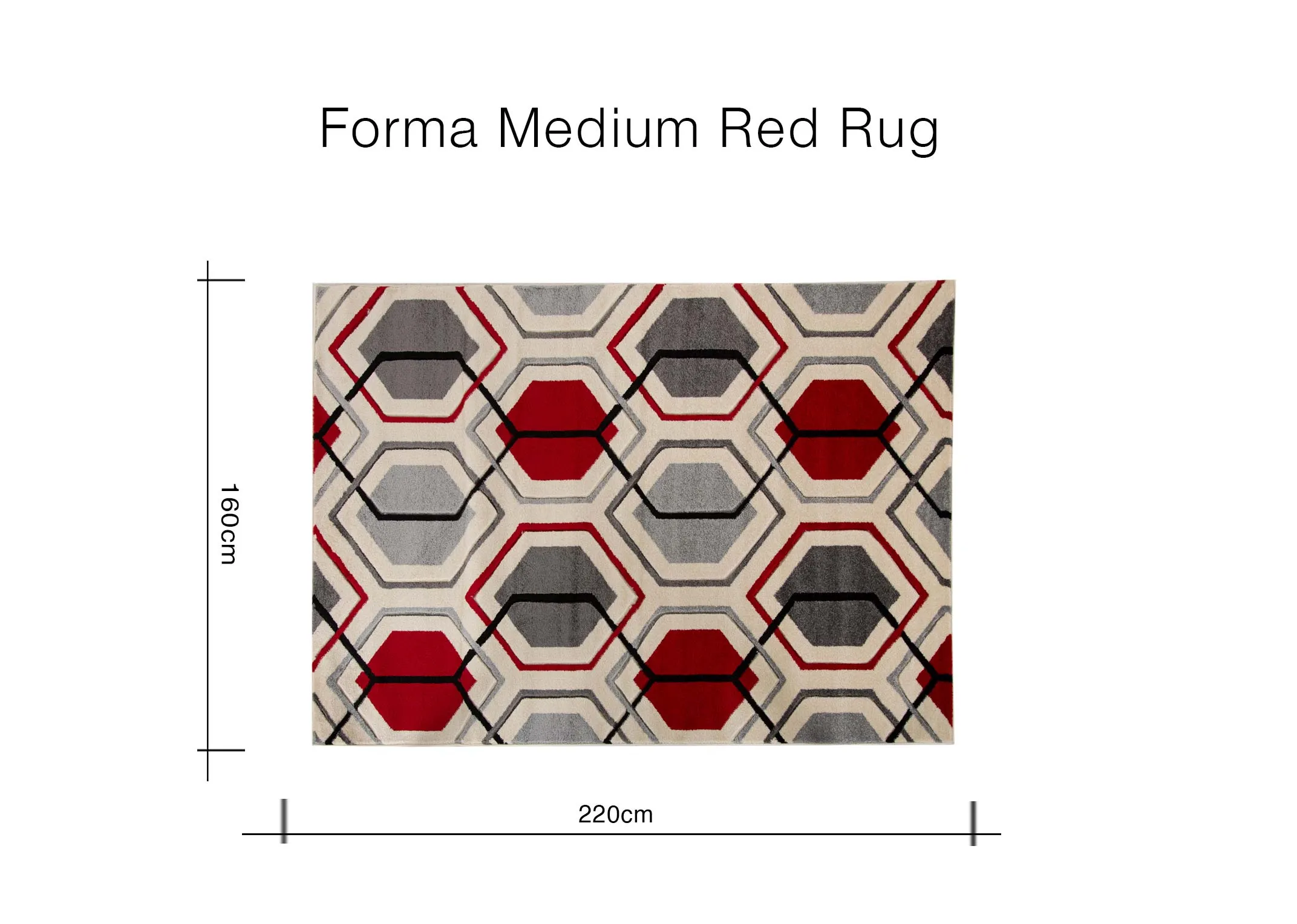 A dimension image for the Forma Medium red rug with 220cm x 160cm