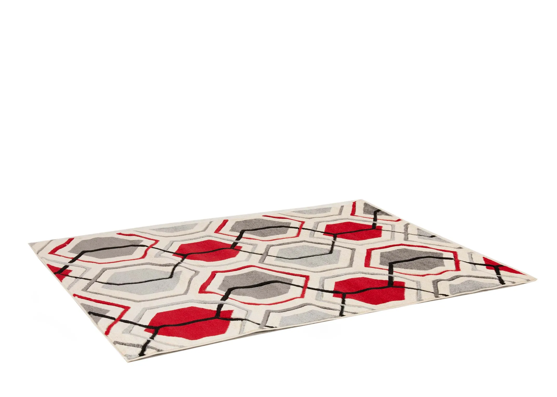 A cream rug with grey and deep red octagon pattern design from EZ Livings Forma range. Angled view