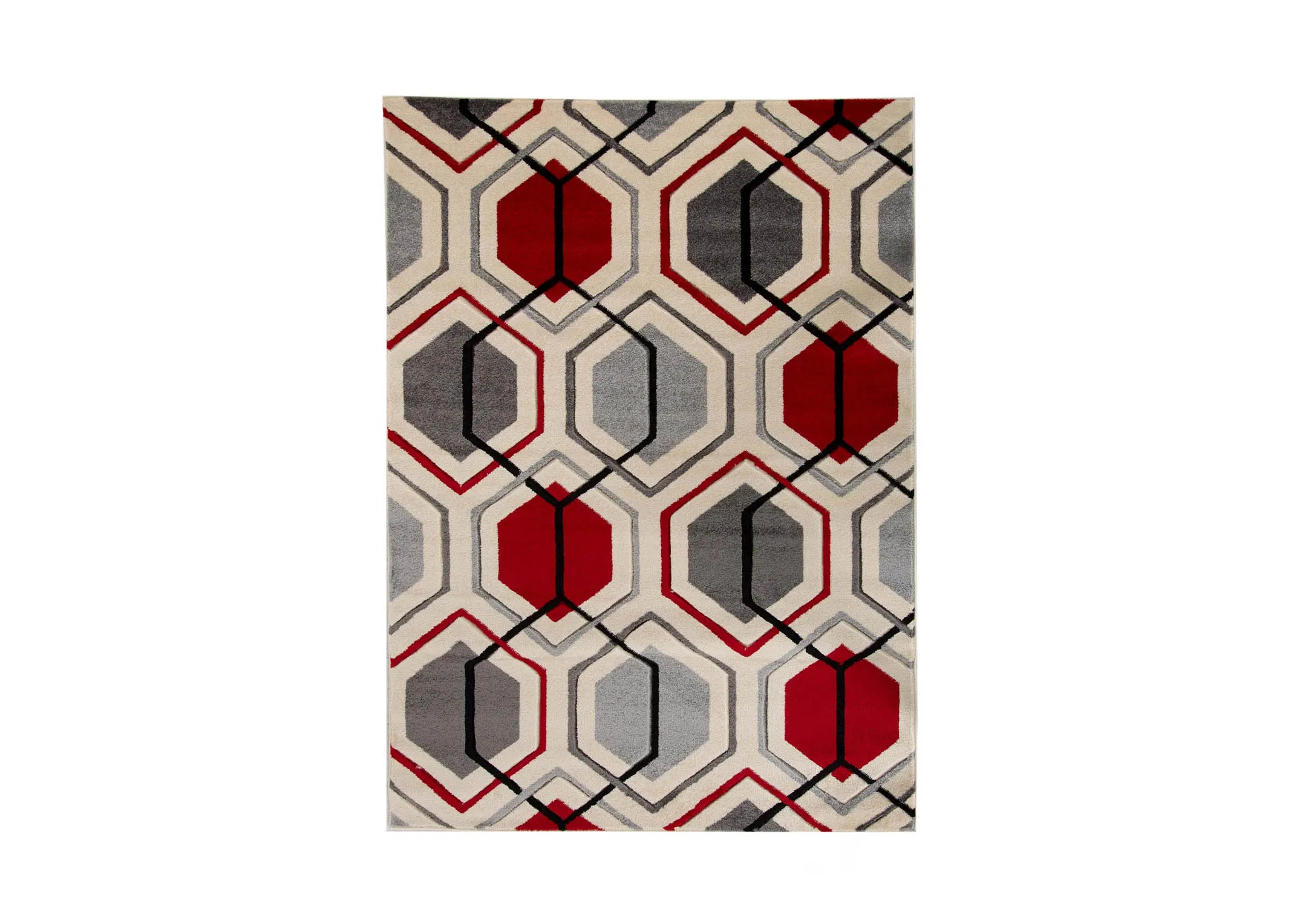 A cream rug with grey and deep red octagon pattern design from EZ Livings Forma range. Front vertical view of design