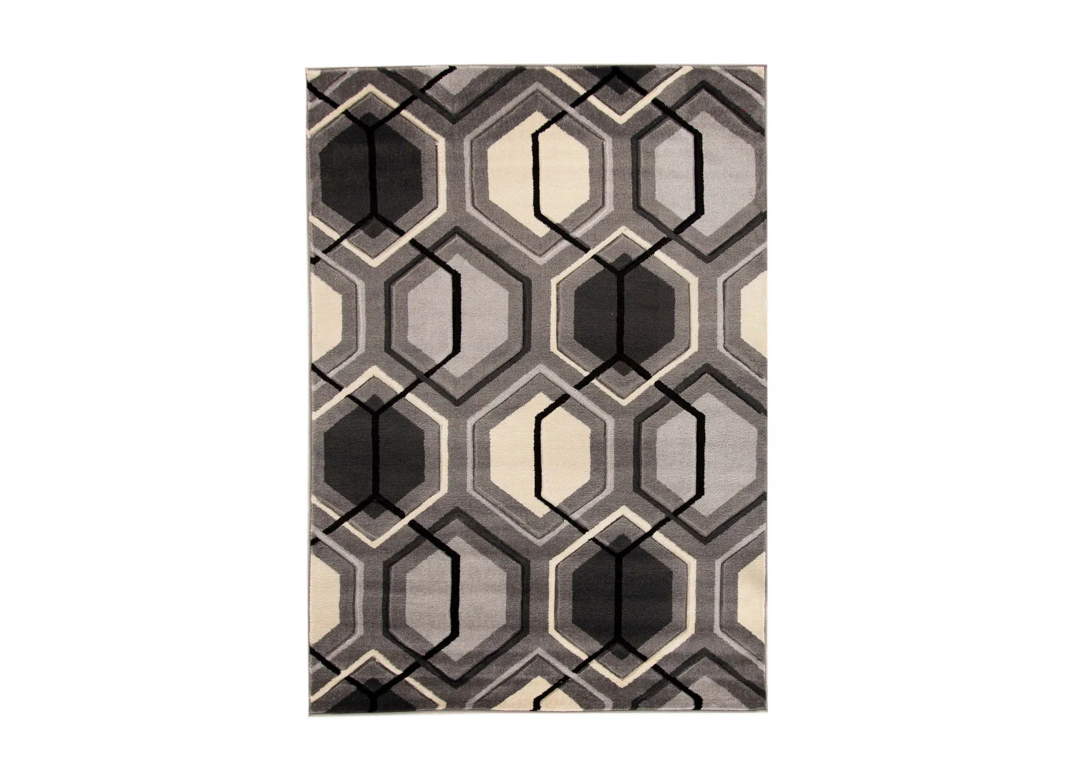 A grey rug with cream and black octagon pattern design from EZ Livings Forma range.Front vertical view of design