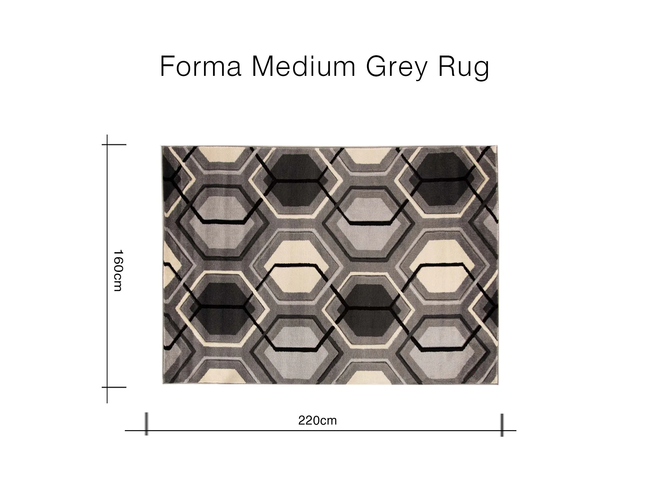 A dimension image of the Forma Medium Grey rug with 220cm x 160cm