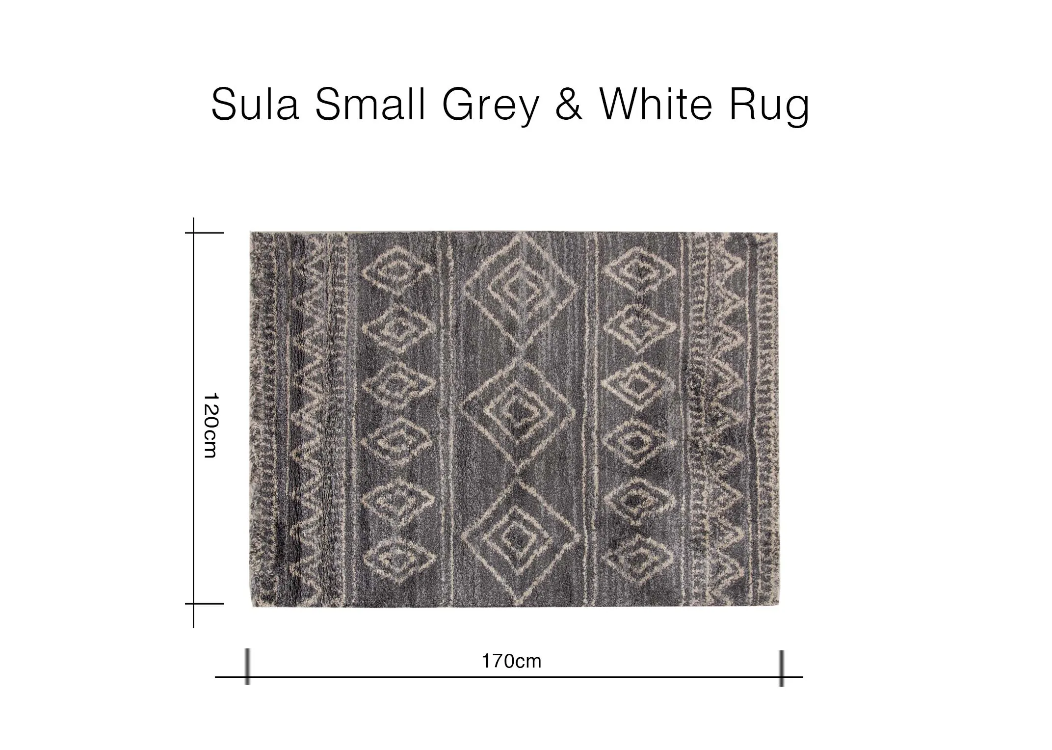 A dimension image of the Sula Grey & White aztec rug with 170cm x 120cm