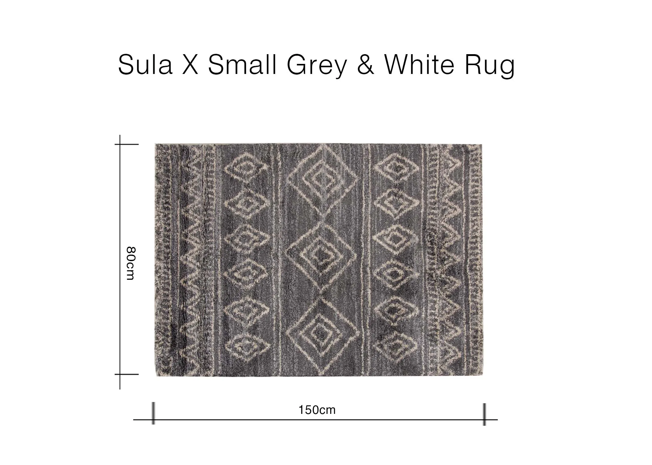 A dimension image for the Sula Grey Aztec rug with 150cm x 120cm