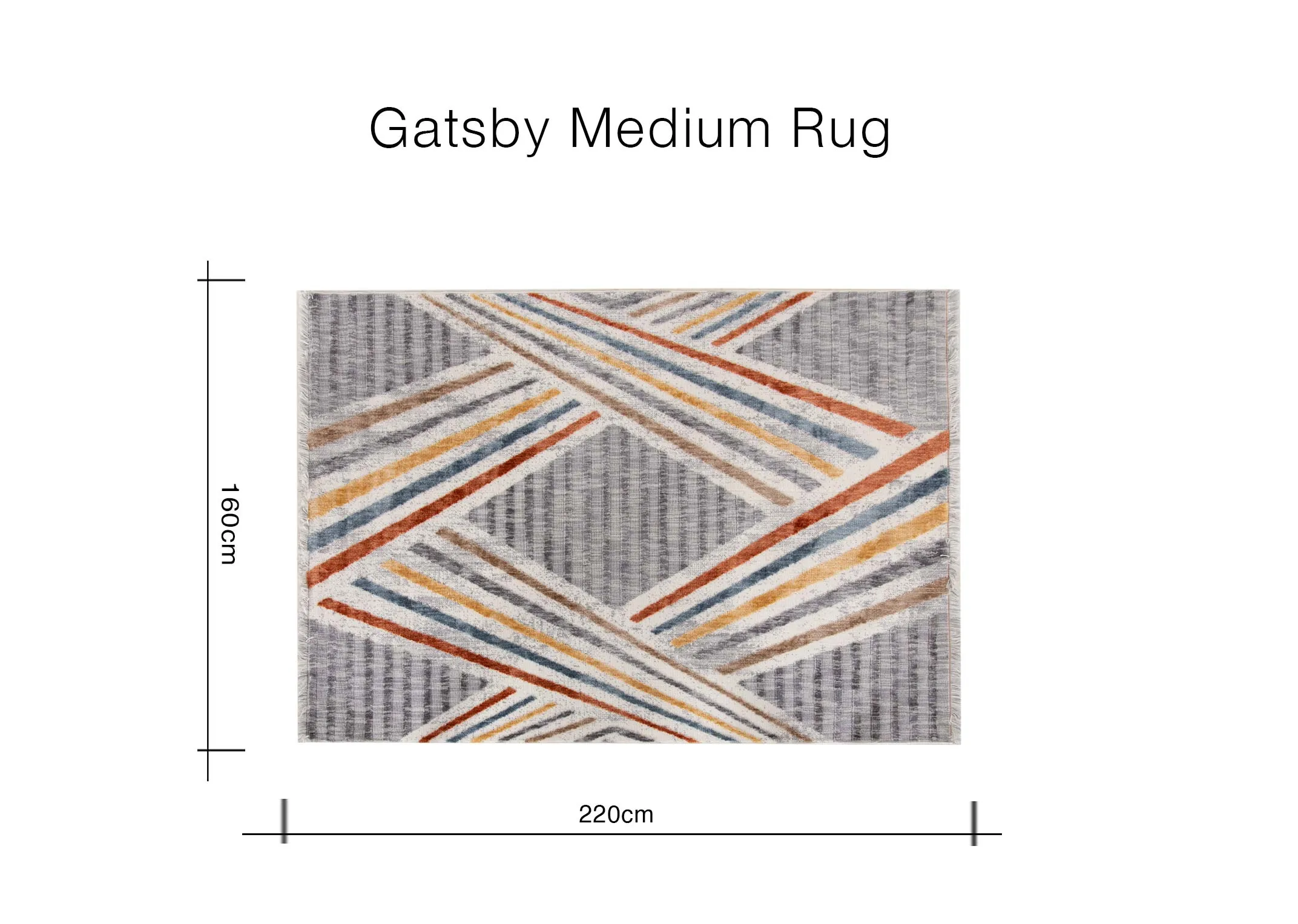 A dimension image of the Gatsby rug with 220cm x 160cm