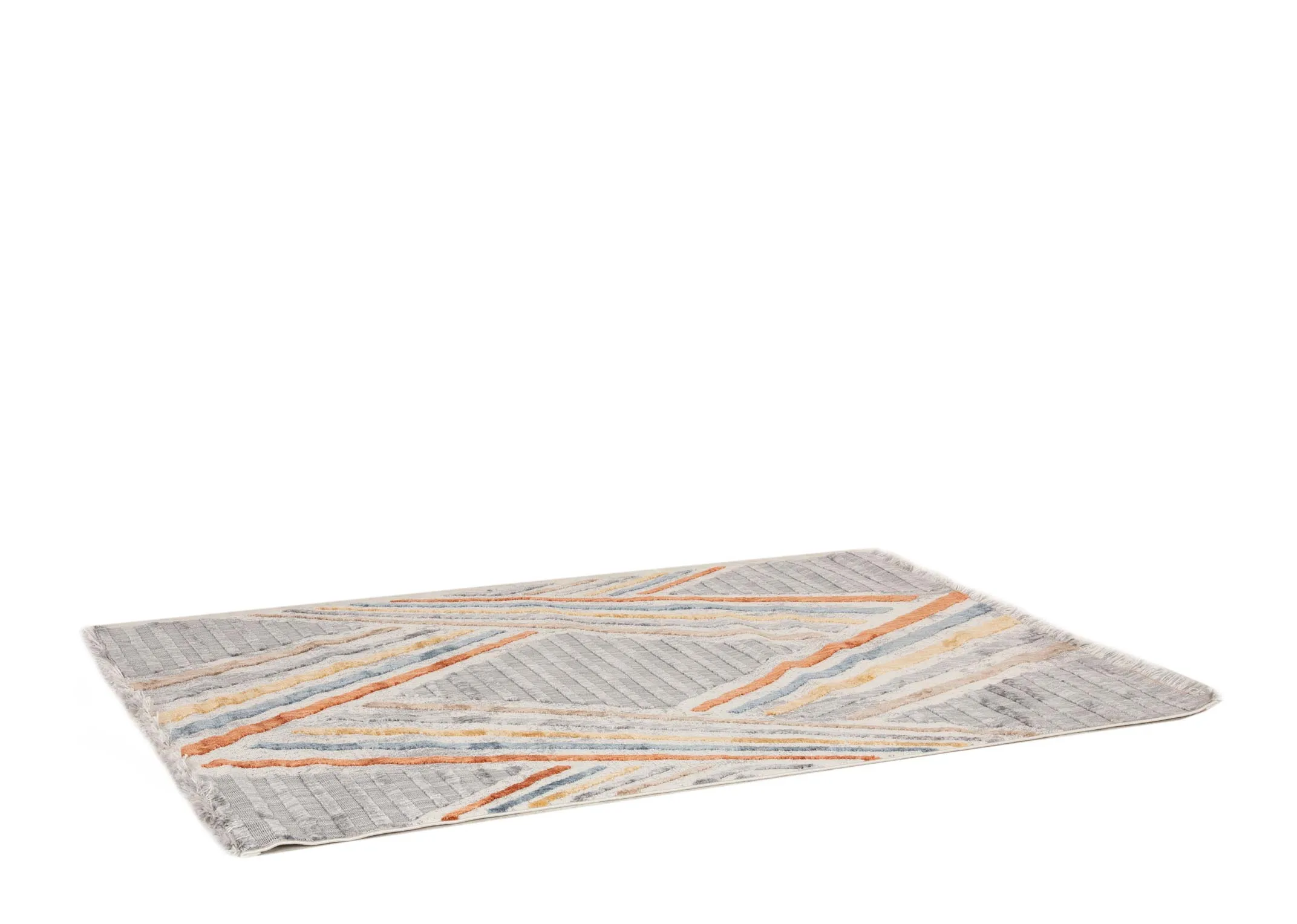A grey rug with red yellow blue and white stripes in 2 x shapes from EZ Livings Gatsby range. Angled view