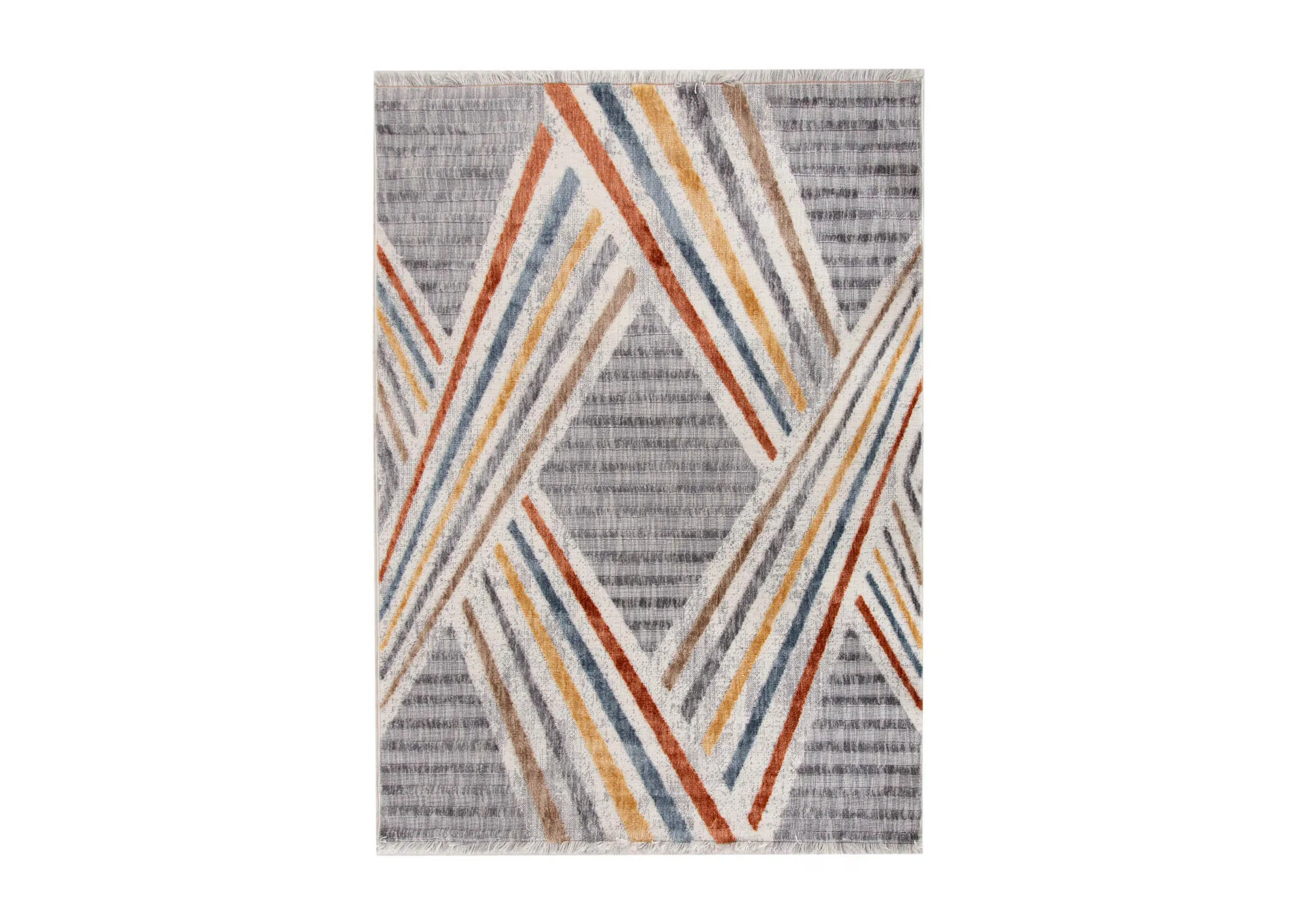 A grey rug with red yellow blue and white stripes in 2 x shapes from EZ Livings Gatsby range. Front view of vertical rug