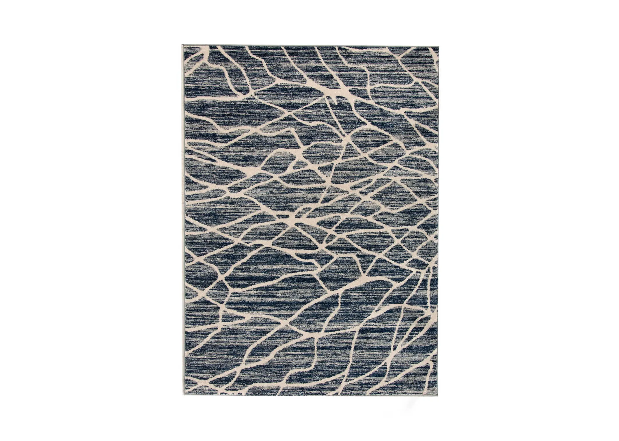 A navy blue rug with cream cracked pattern from EZ Livings Grotto range. Front view of rug
