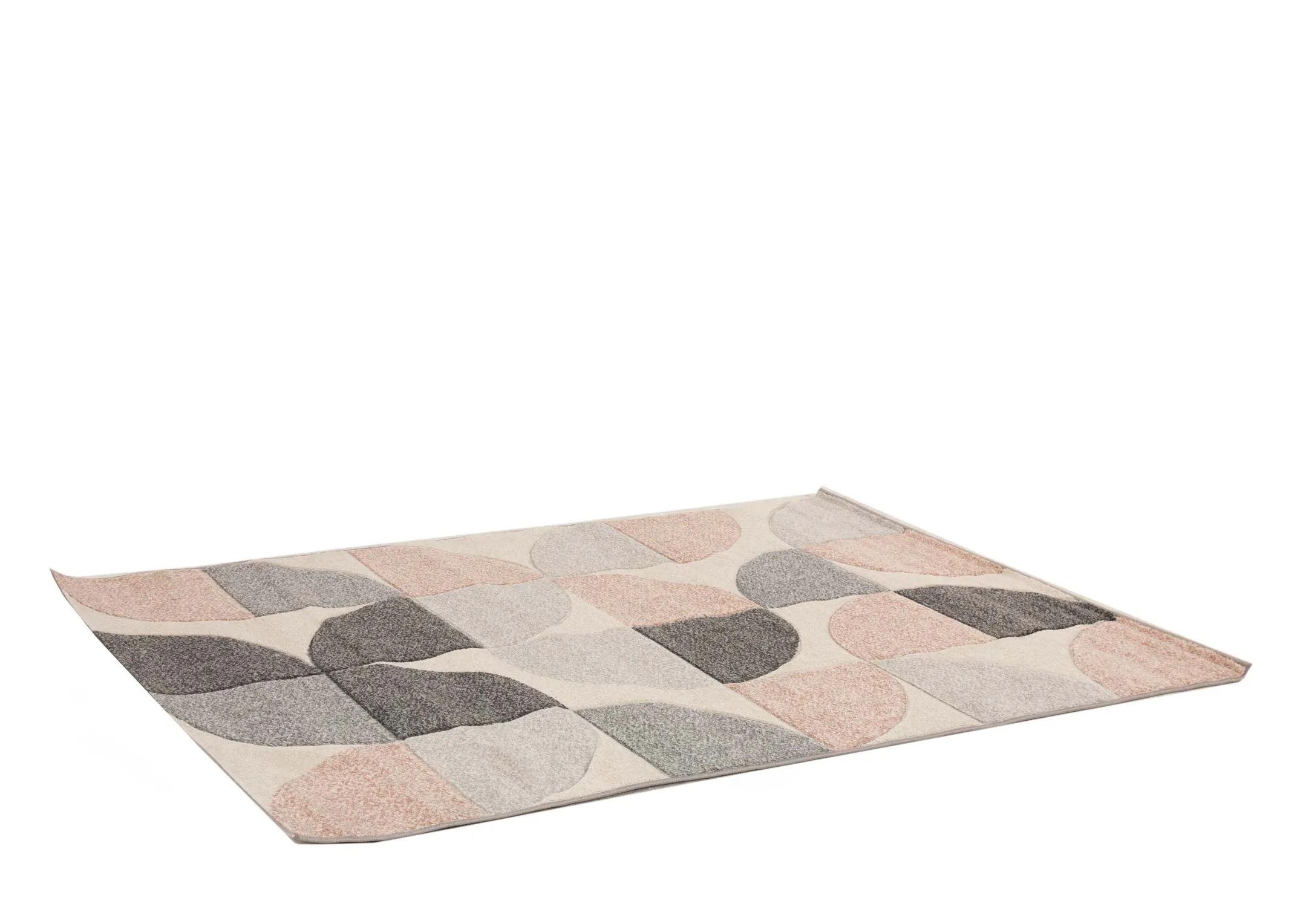 A cream rug with blush pink & grey quart circular shapes from EZ Living Furnitures Holden range. Angled view