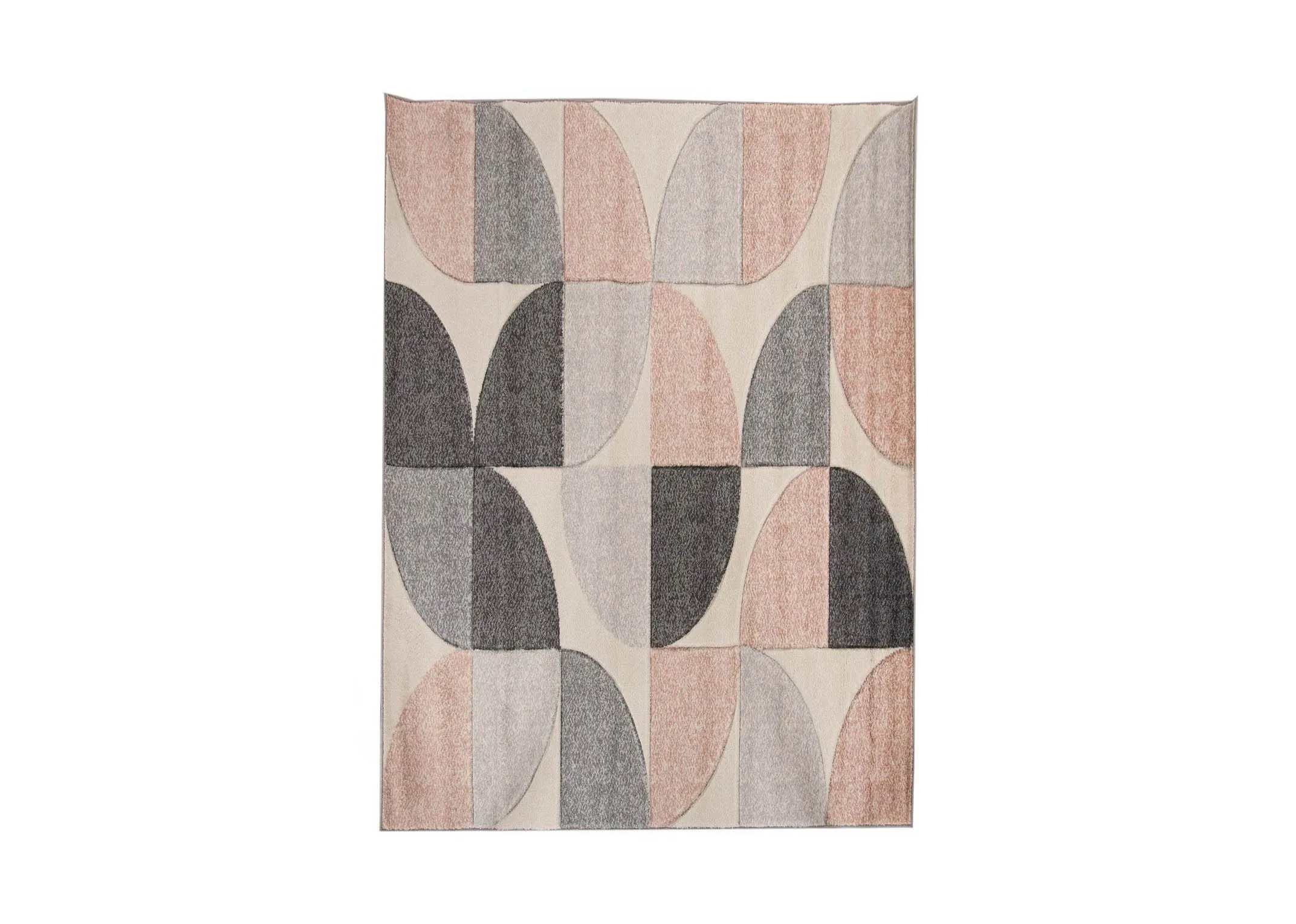 A cream rug with blush pink & grey quart circular shapes from EZ Living Furnitures Holden range. Front view of design.