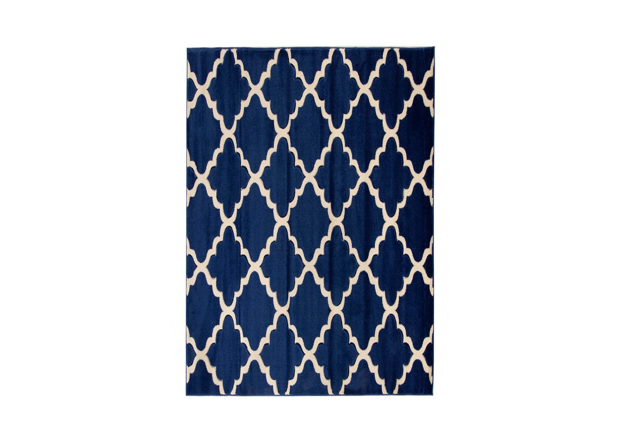 A navy blue rug with cream trellis design from EZ Livings Delia range. Front view of vertical rug