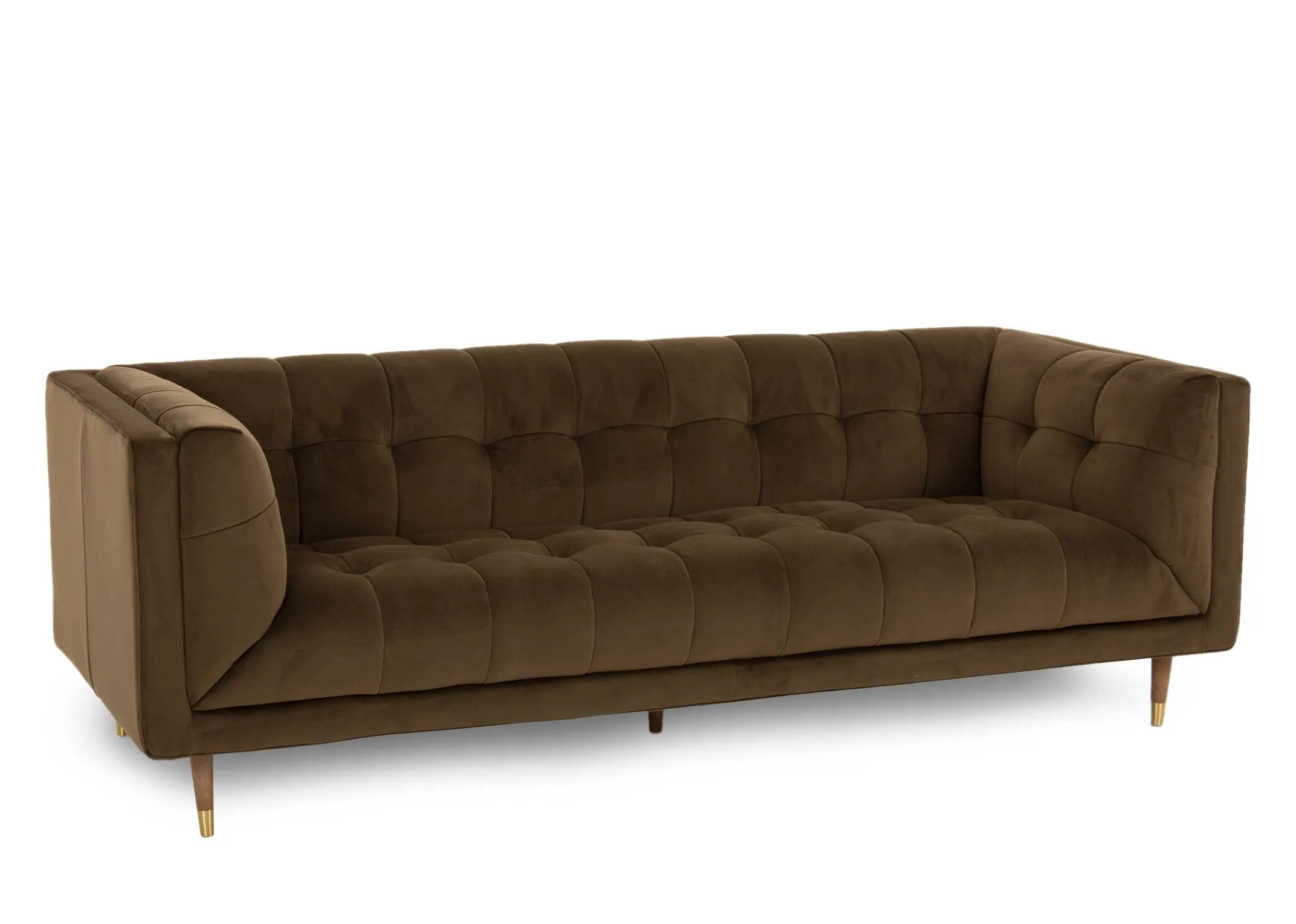 A 3.5 seater olive green velvet sofa from EZ Livings Grace range. Angled view of tufted butoon seat & back cushions