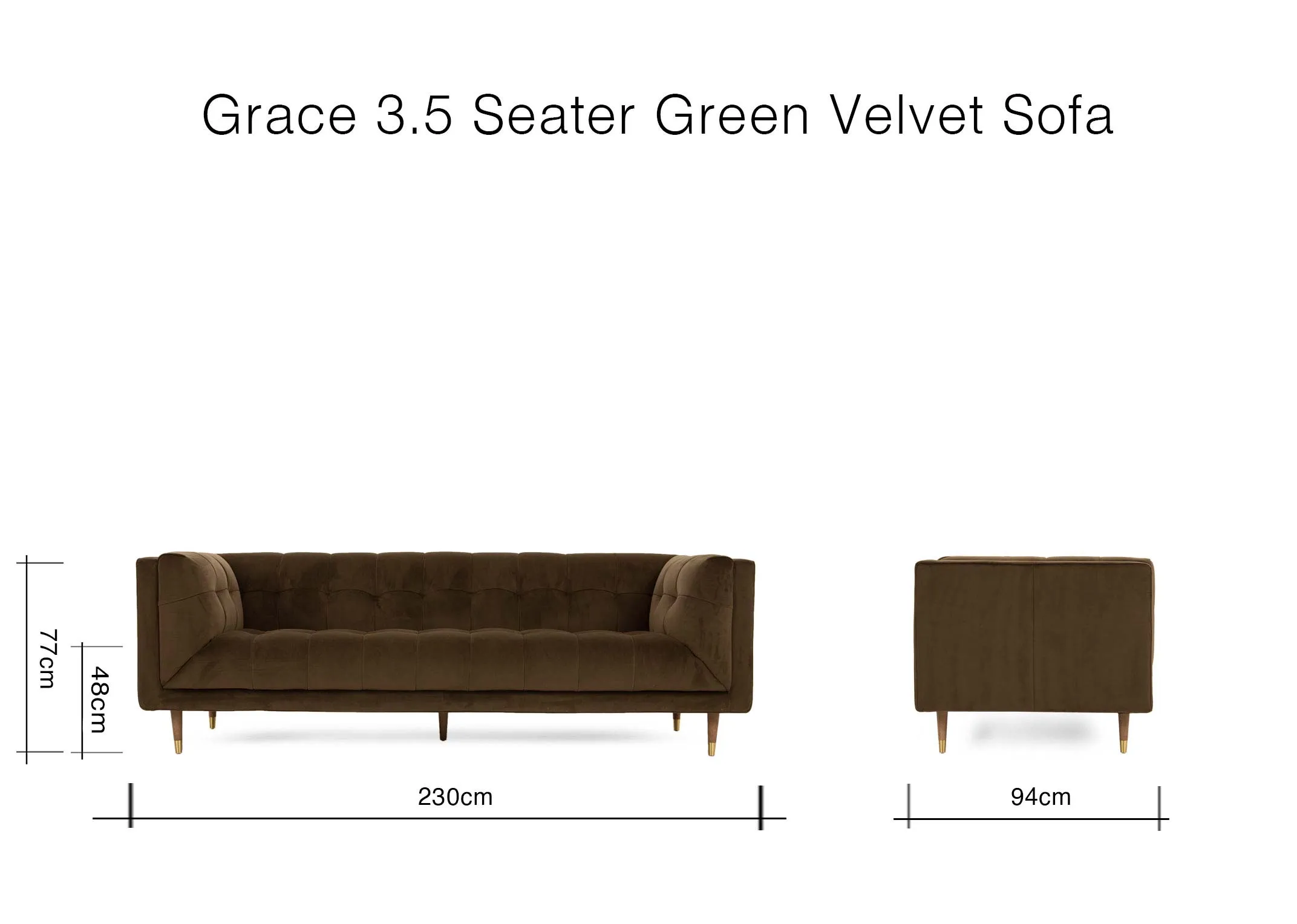 A dimension image of the Grace 3.5Seater with 250cm x 94cm x 77cm x 48cm