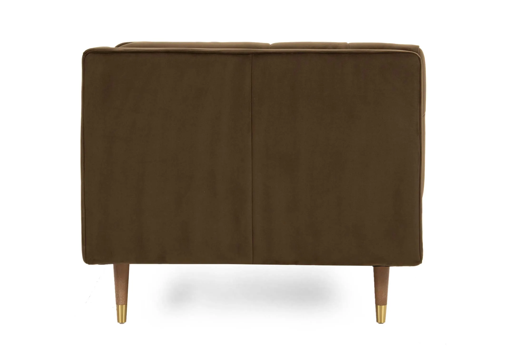 A 3.5 seater olive green velvet sofa from EZ Livings Grace range. Side view of high blocked arms