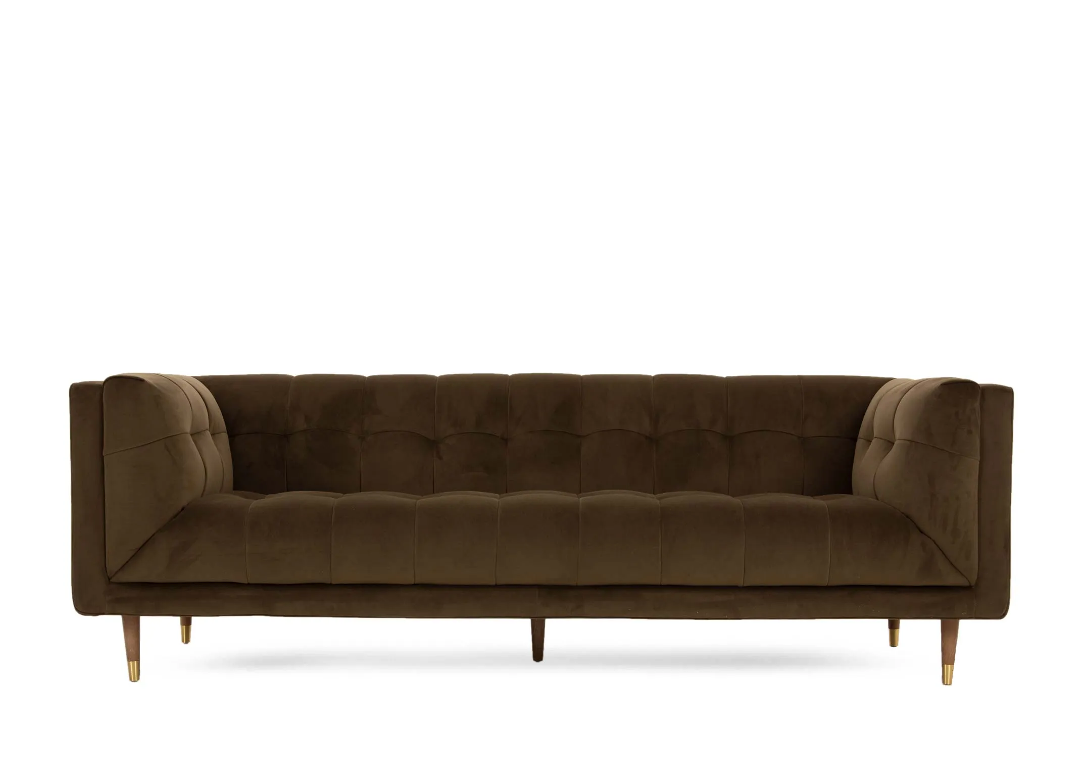 A 3.5 seater olive green velvet sofa from EZ Livings Grace range. Front view of the low seat Chesterfield sofa.