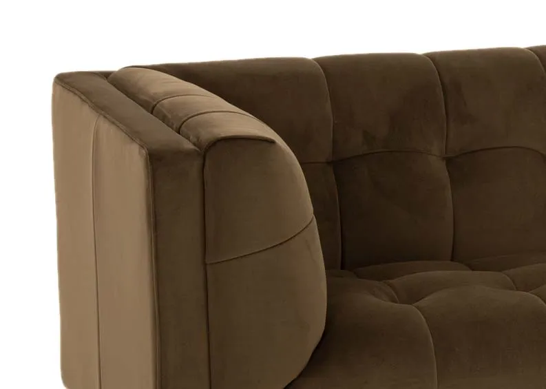 A 3.5 seater olive green velvet sofa from EZ Livings Grace range. Closeup of the luscious velvet fabric