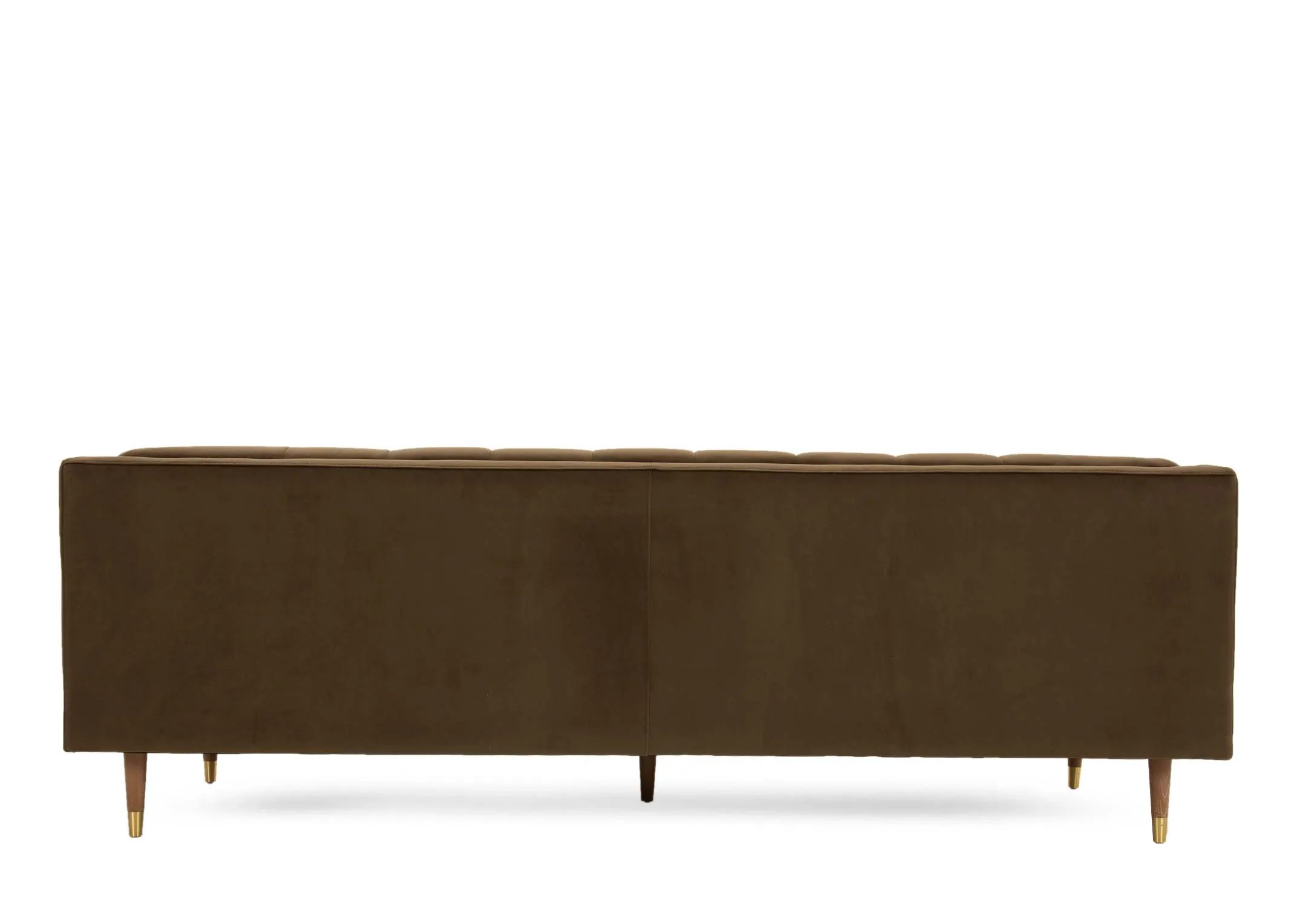 A 3.5 seater olive green velvet sofa from EZ Livings Grace range. Back view of the warrantied solid frame