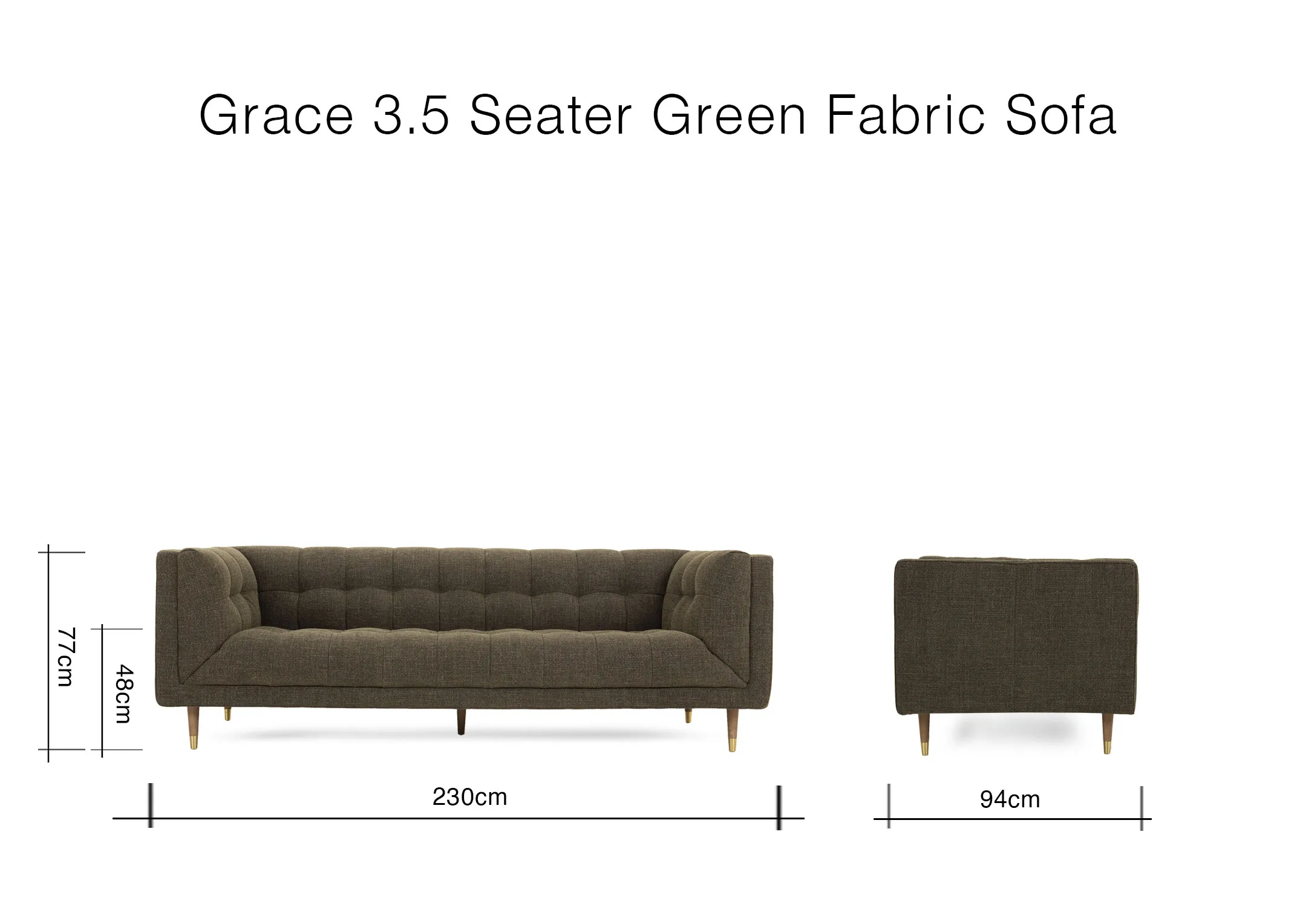 A dimension image of the Grace 3.5 Seater soaf with 230cm x 94cm x 77cm x 48cm