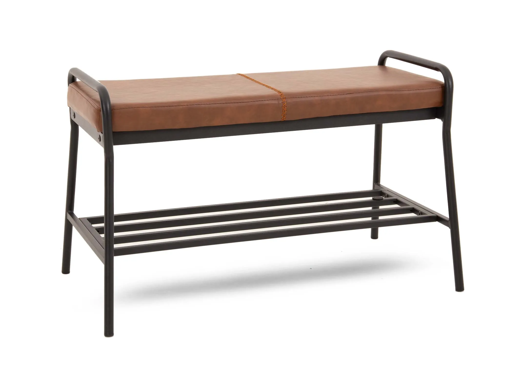 A brown faux leather bench seat with metal shelf and handled frame from EZ Livings Salthill range.