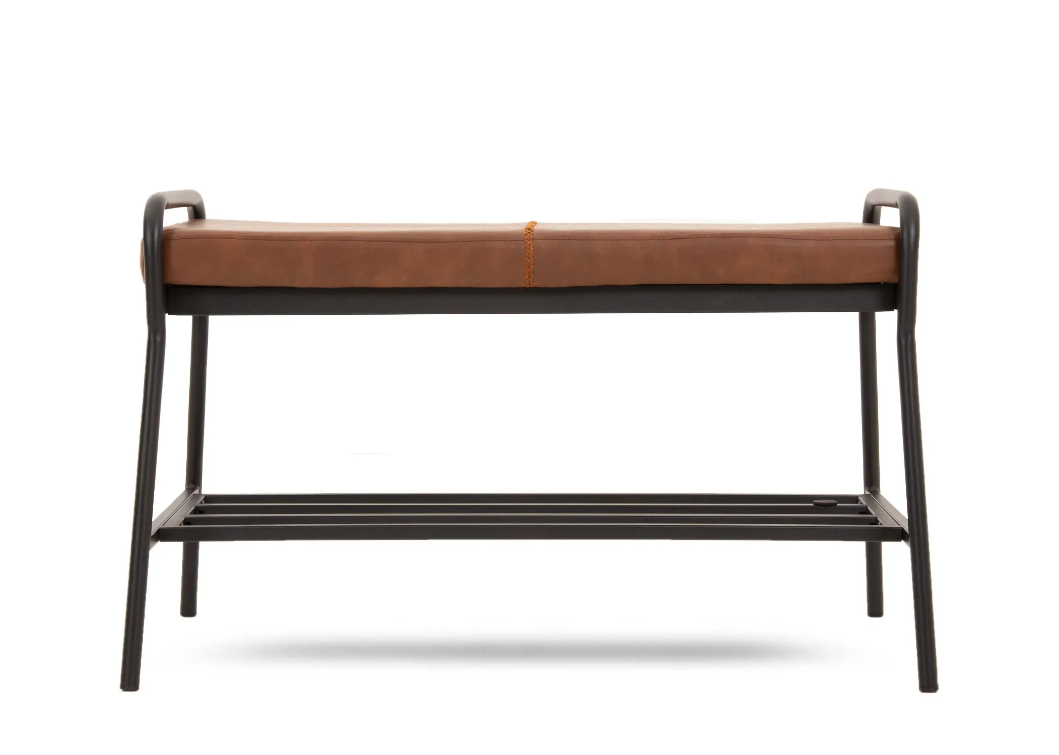 A brown faux leather bench seat with metal shelf and handled frame from EZ Livings Salthill range. Front view of seat pad top